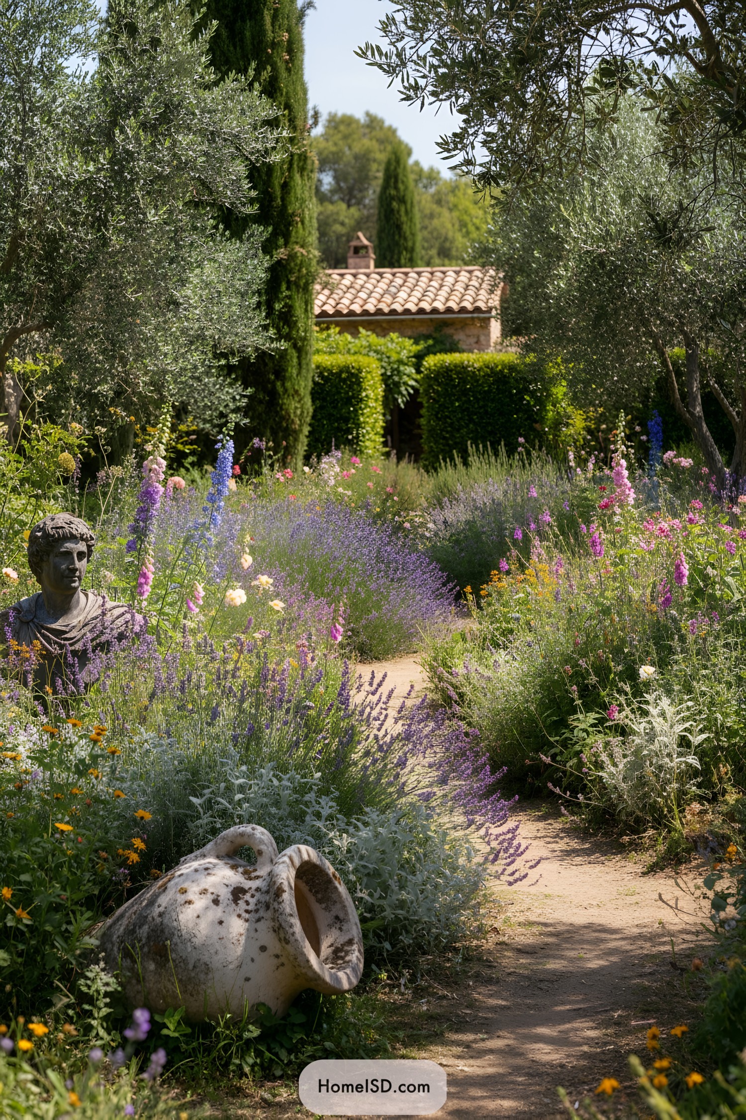 Mediterranean cottage garden with winding path, wildflowers, statue, and weathered terracotta jar