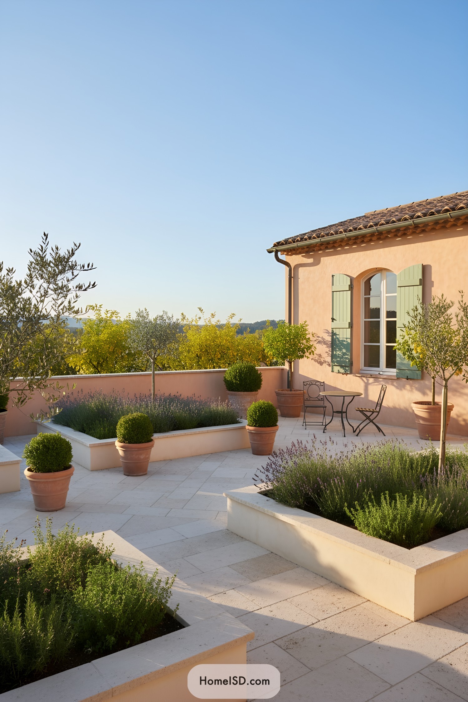 Mediterranean rooftop-style terrace with raised planters, potted shrubs, and a peach-toned cottage facade