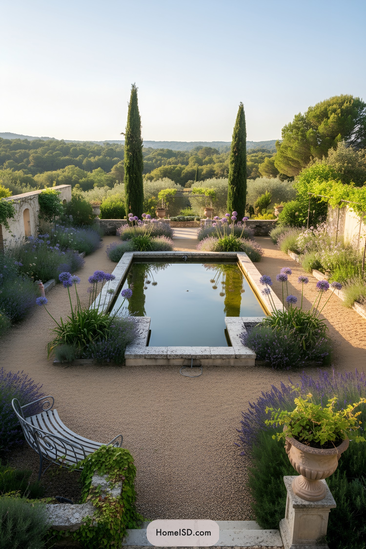 Formal Mediterranean garden with central reflecting pool and lavender borders
