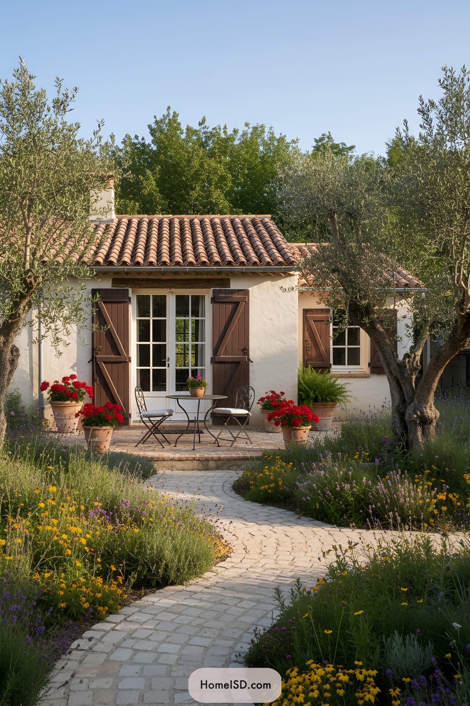 Mediterranean cottage patio with curved cobblestone path, olive trees, and bright potted flowers
