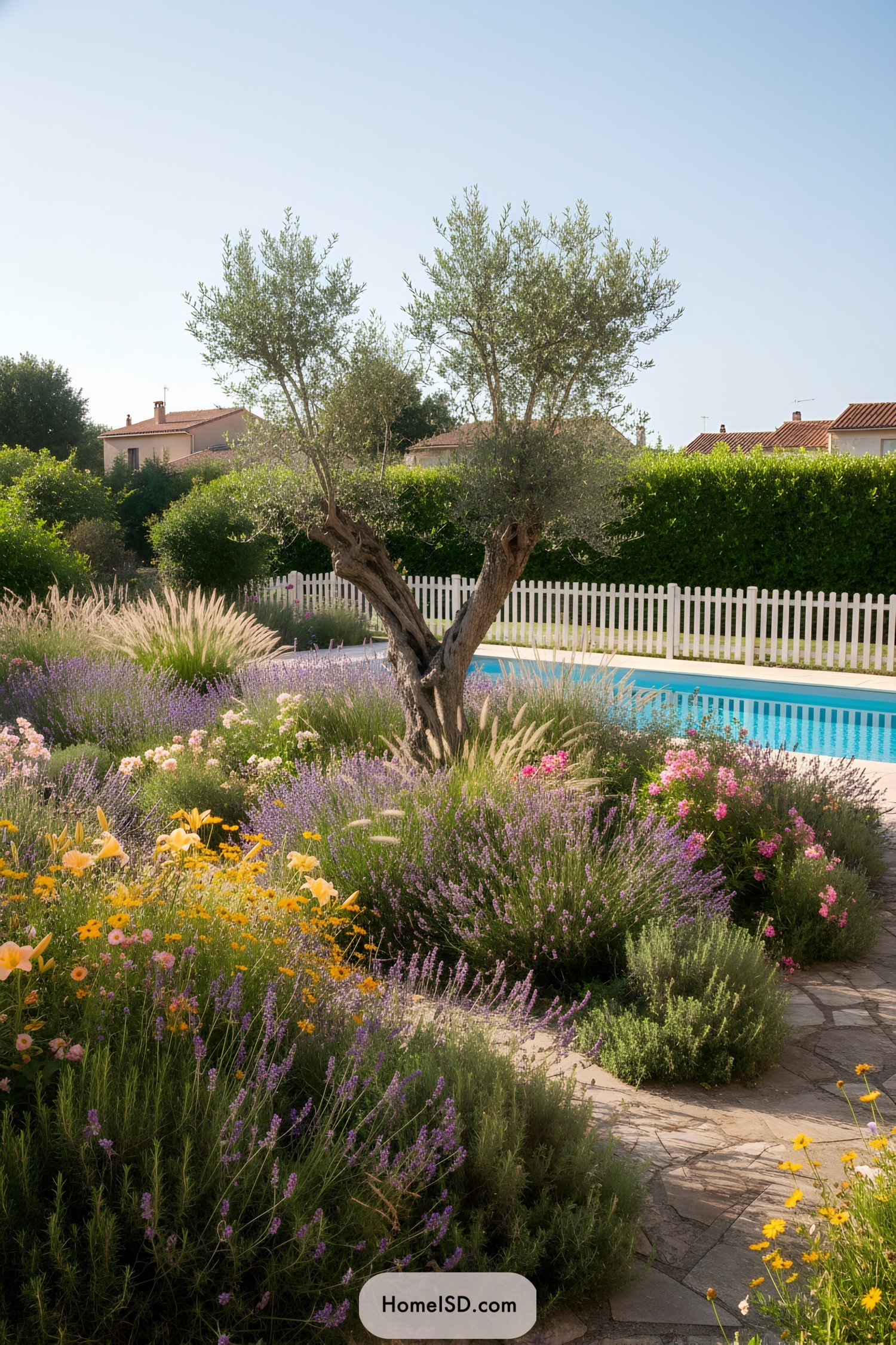 Mediterranean garden with flowering shrubs and olive tree by a pool