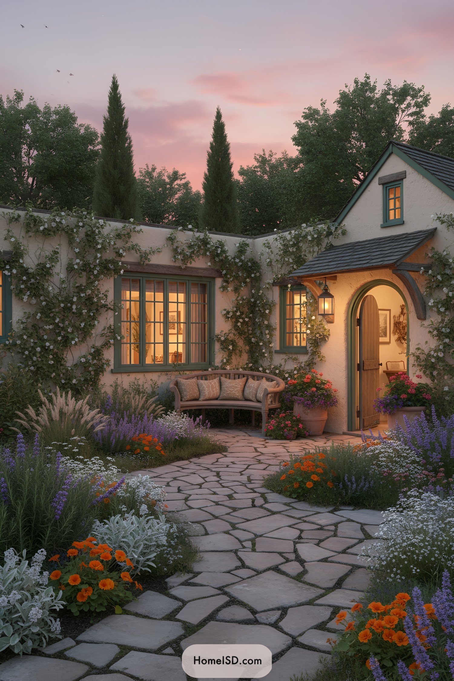 Stone garden path leading to a vine-covered cottage entrance at dusk