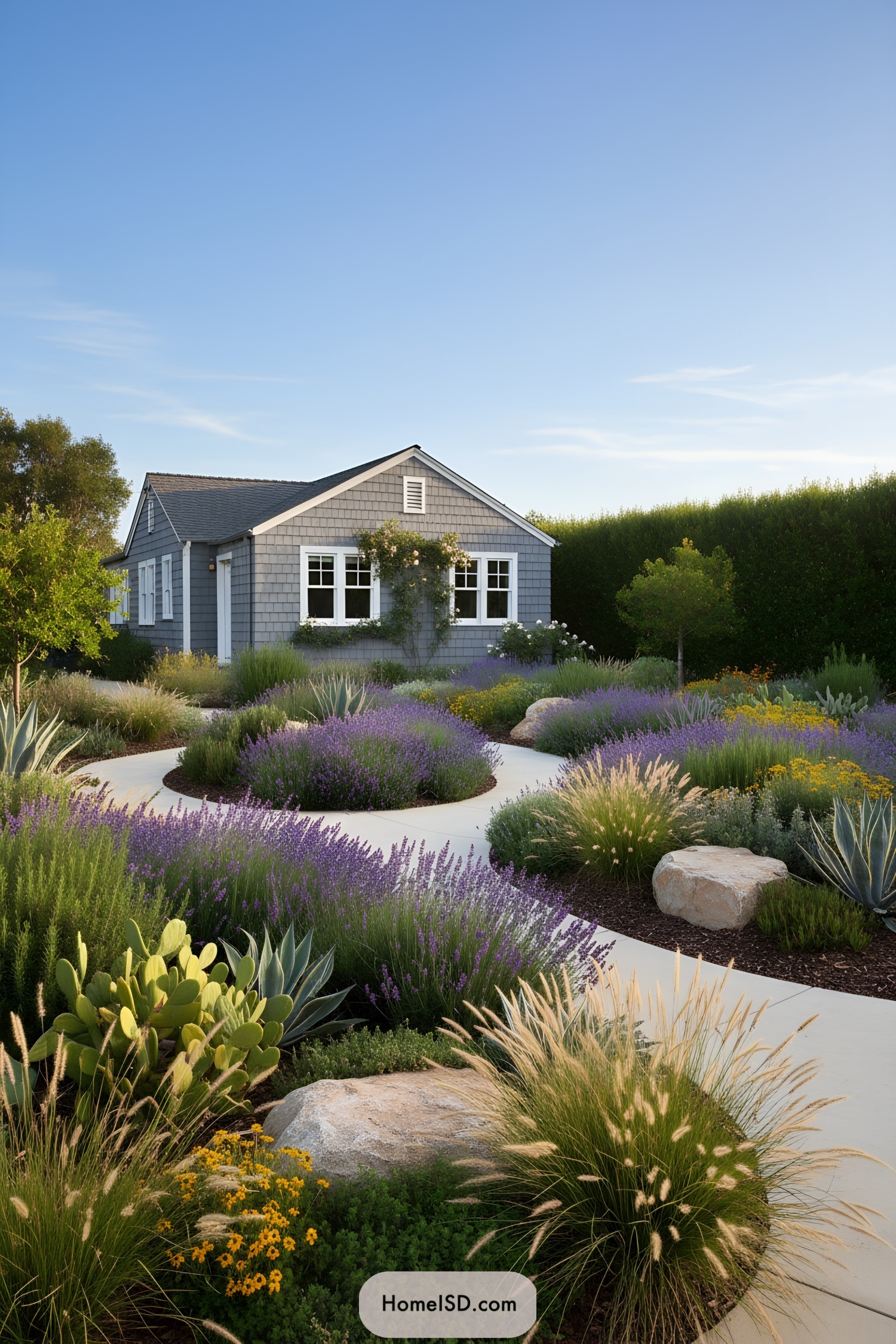 Curved paths winding through lavender garden