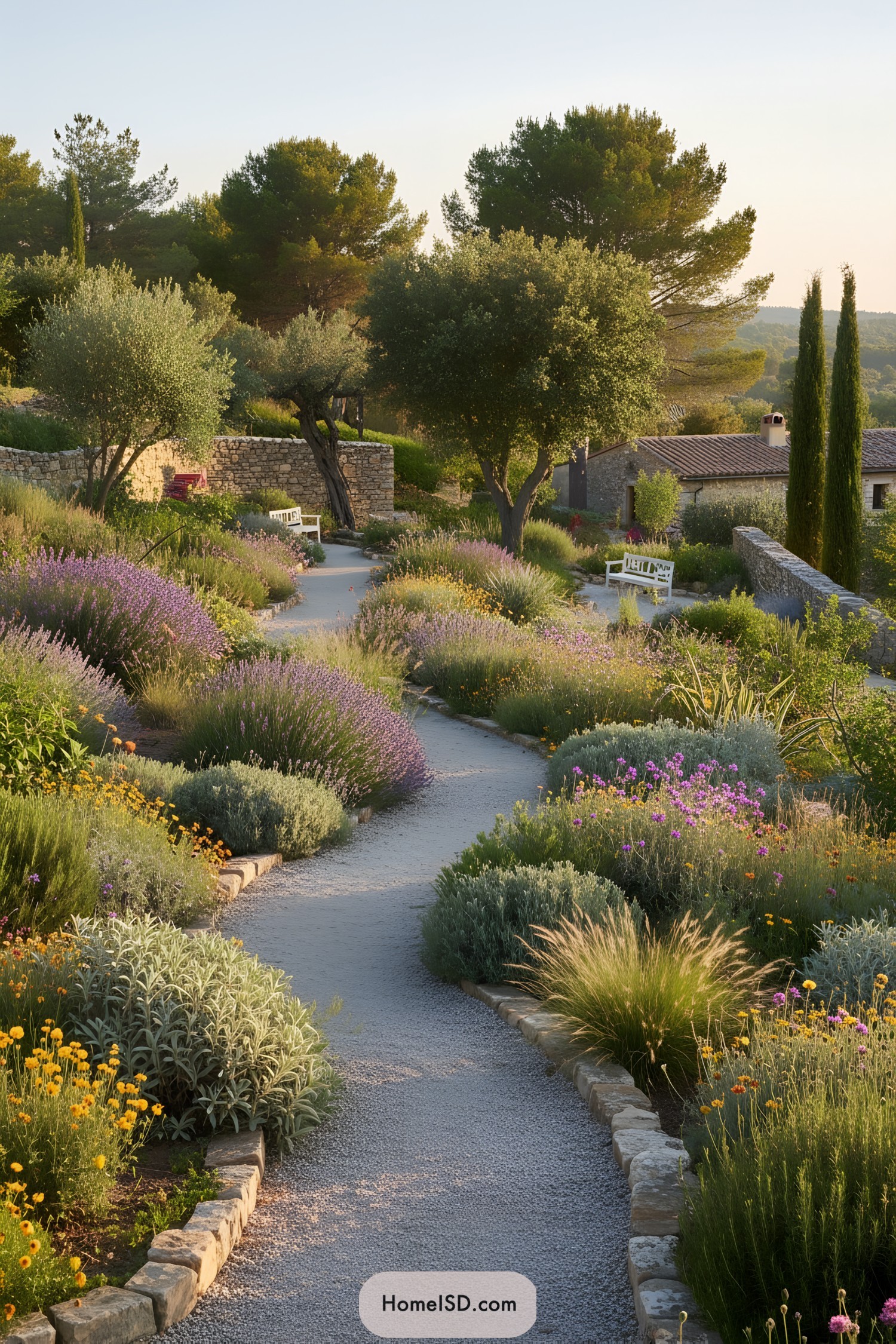 Curving gravel garden path bordered by Mediterranean shrubs lavender and wildflowers