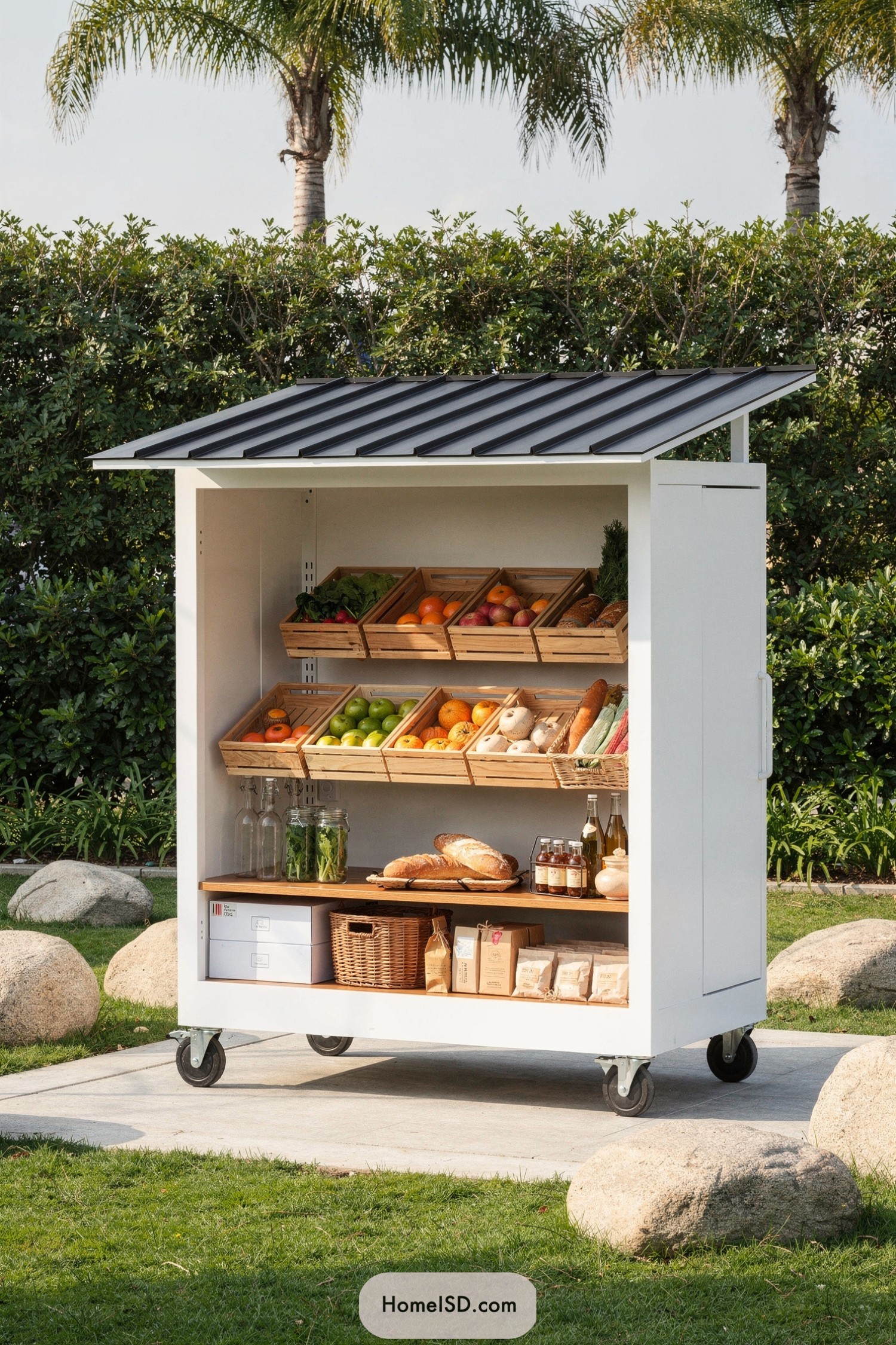 White rolling farm stand cart with produce