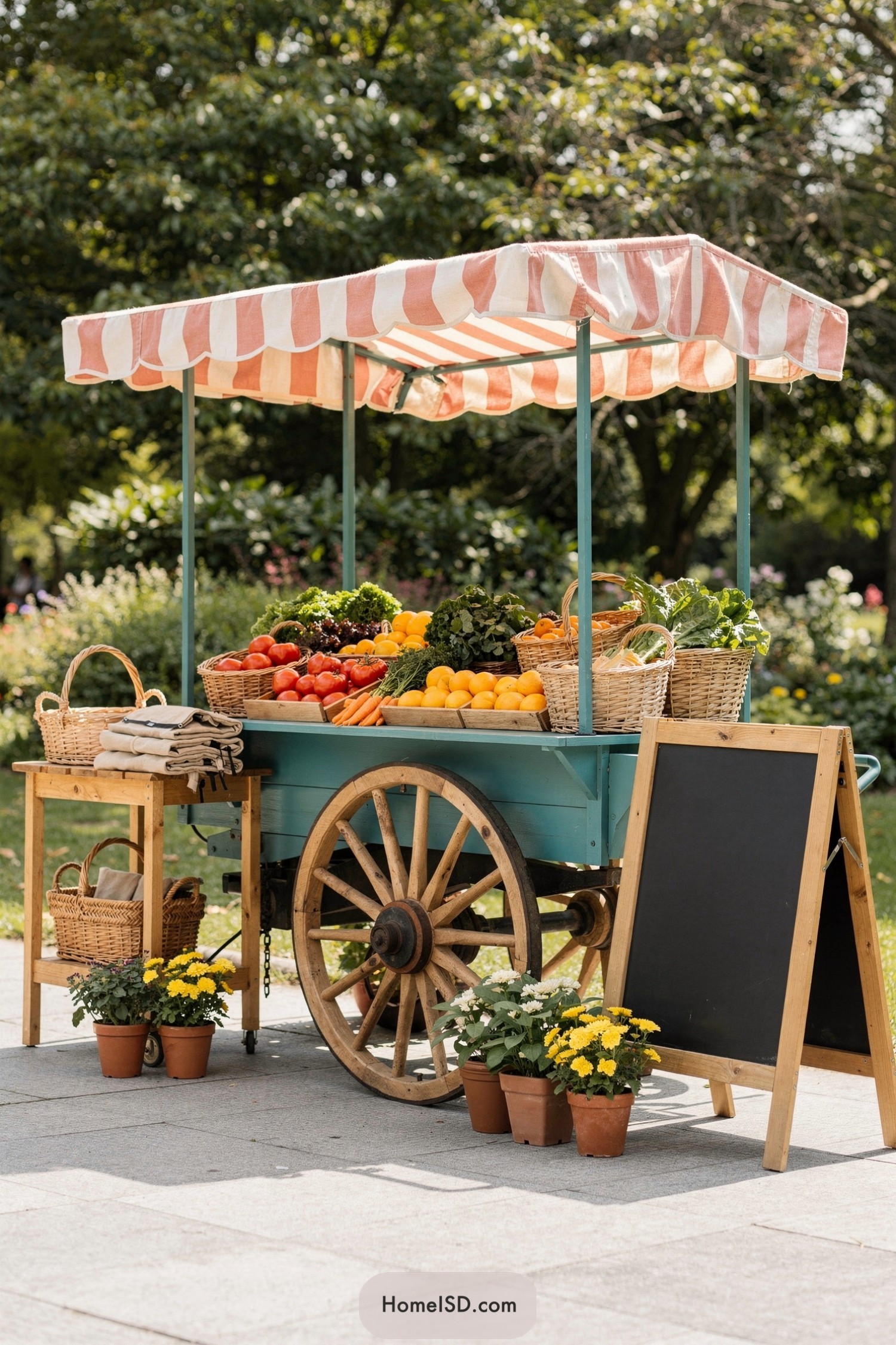 Vintage-style produce cart with teal body, striped canopy, and baskets of colorful fruits and vegetables