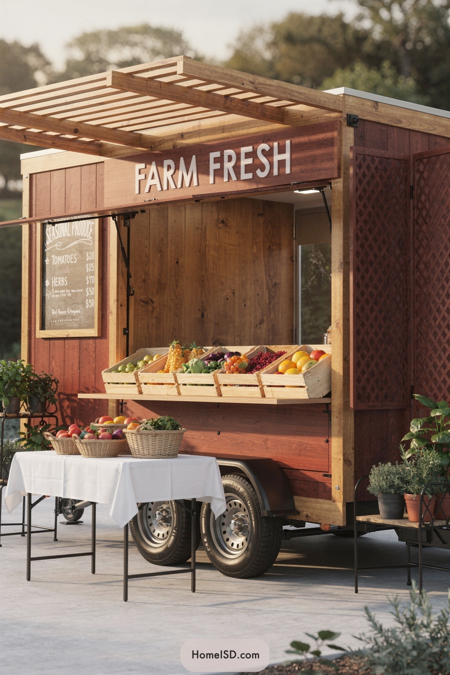 Mobile farm stand with wood siding and produce display