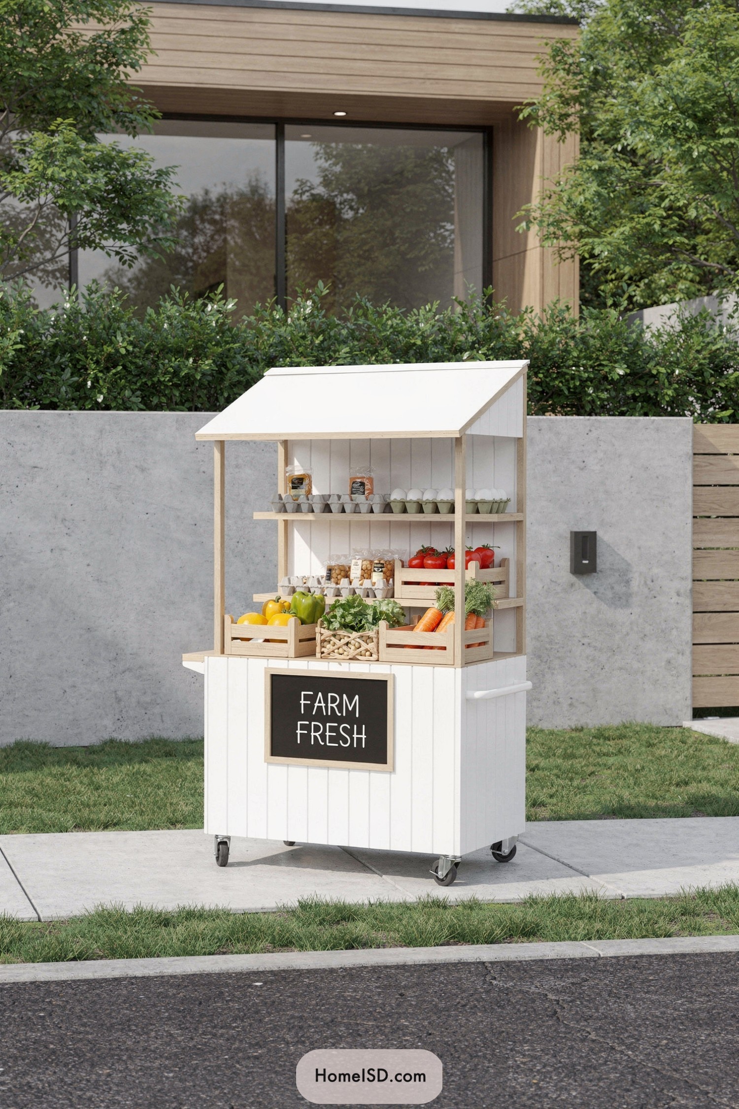 Compact white rolling farm stand on sidewalk