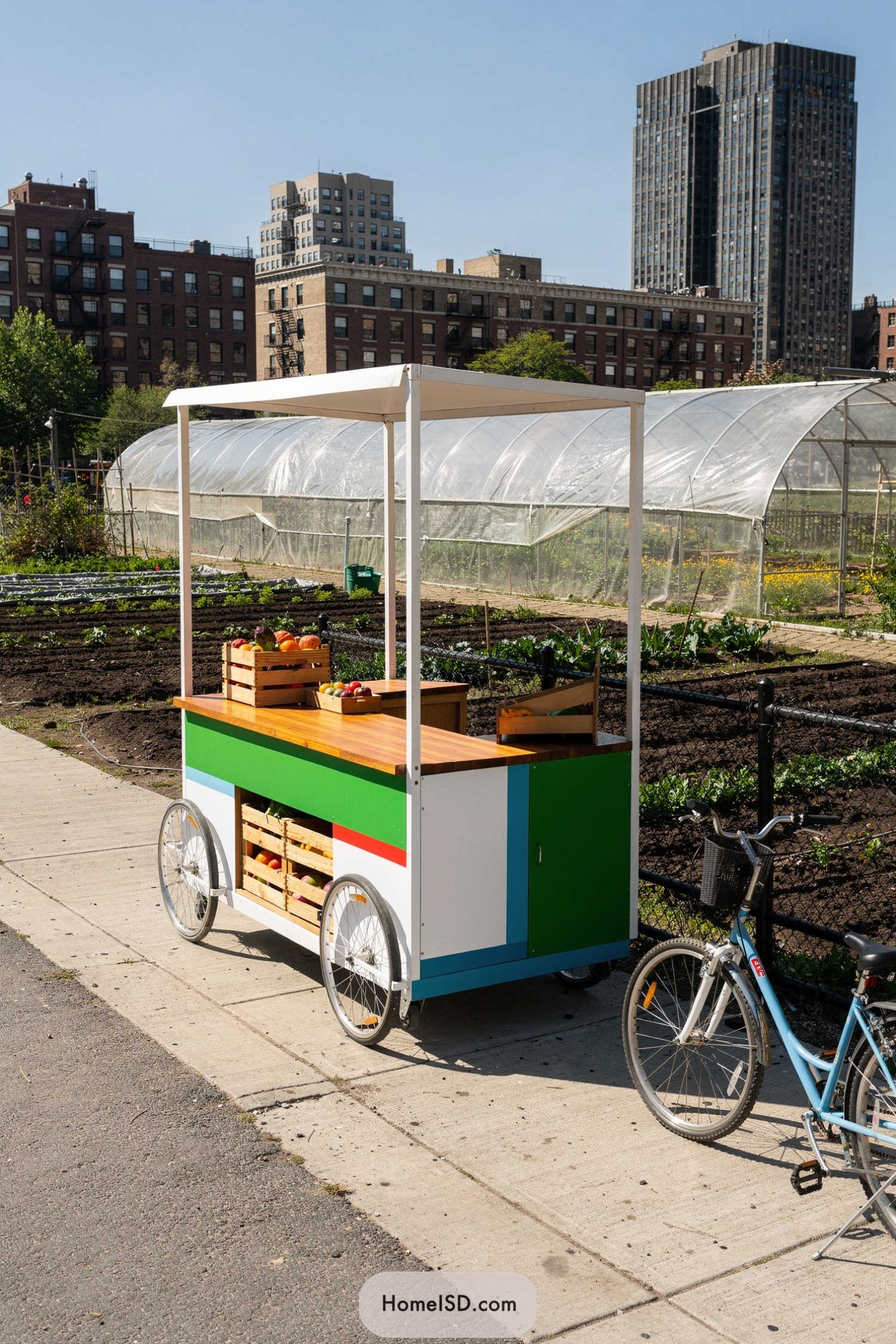 Colorful mobile farm stand cart with canopy parked beside urban garden beds
