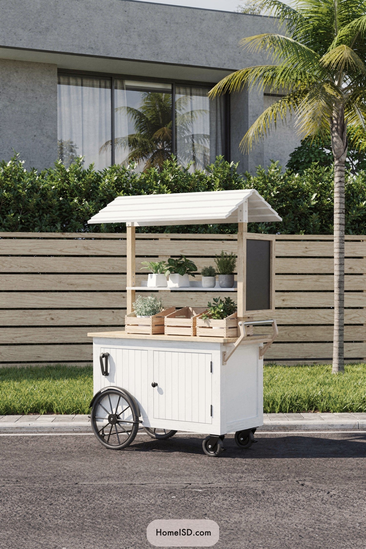 White wood market cart with canopy and planters
