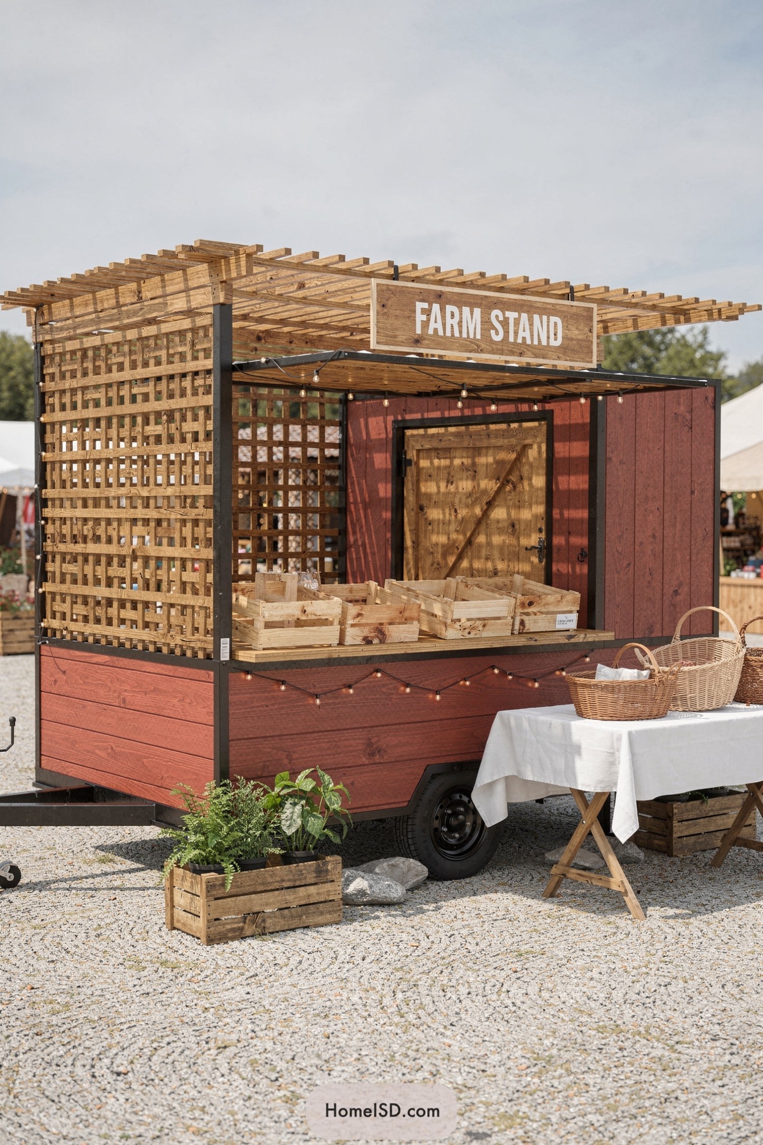 Rustic mobile farm stand trailer with red wood siding, open lattice walls, and a pergola-style roof displaying wooden produce crates