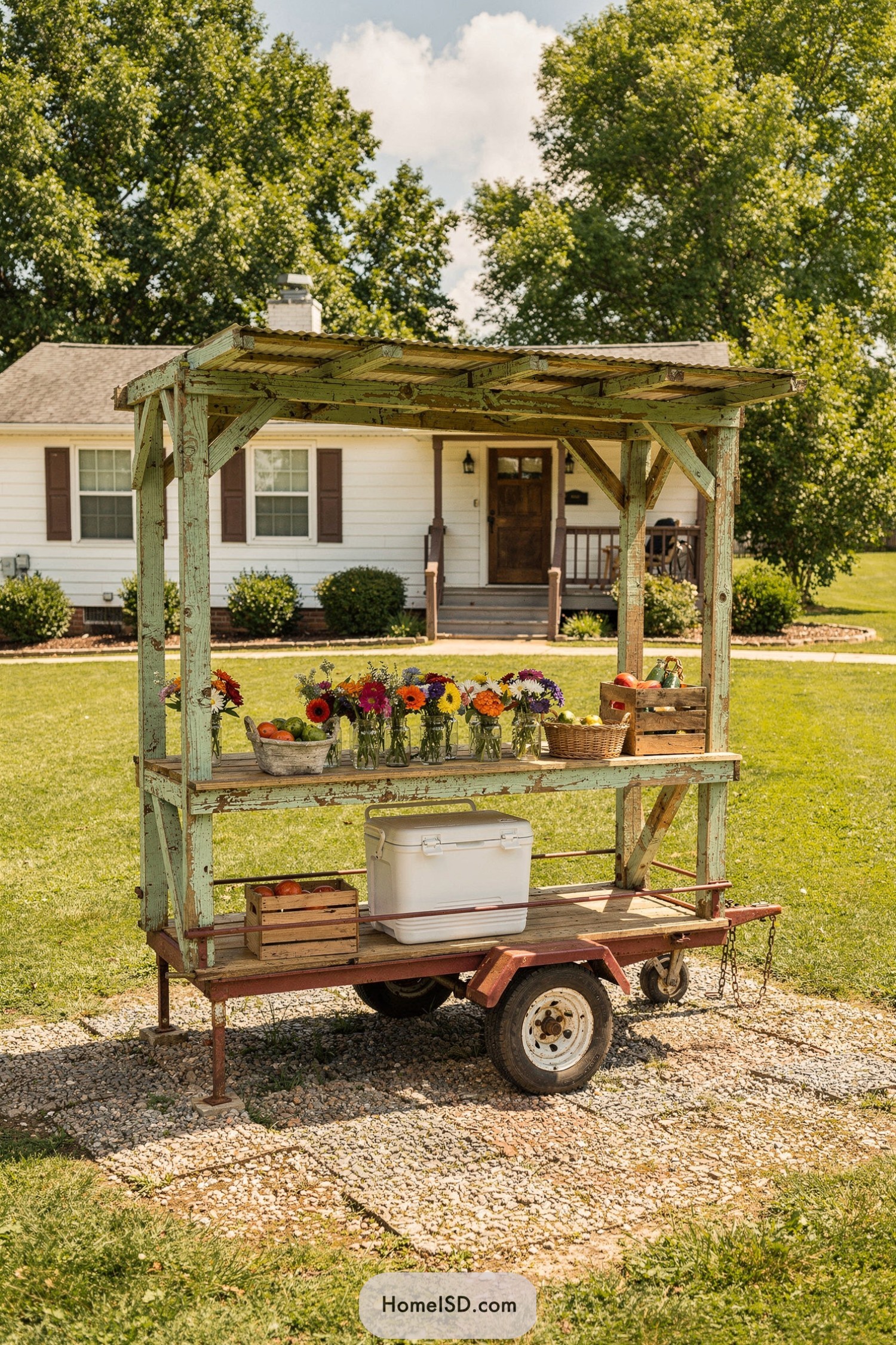 Rustic wooden farm stand trailer with flowers and crates