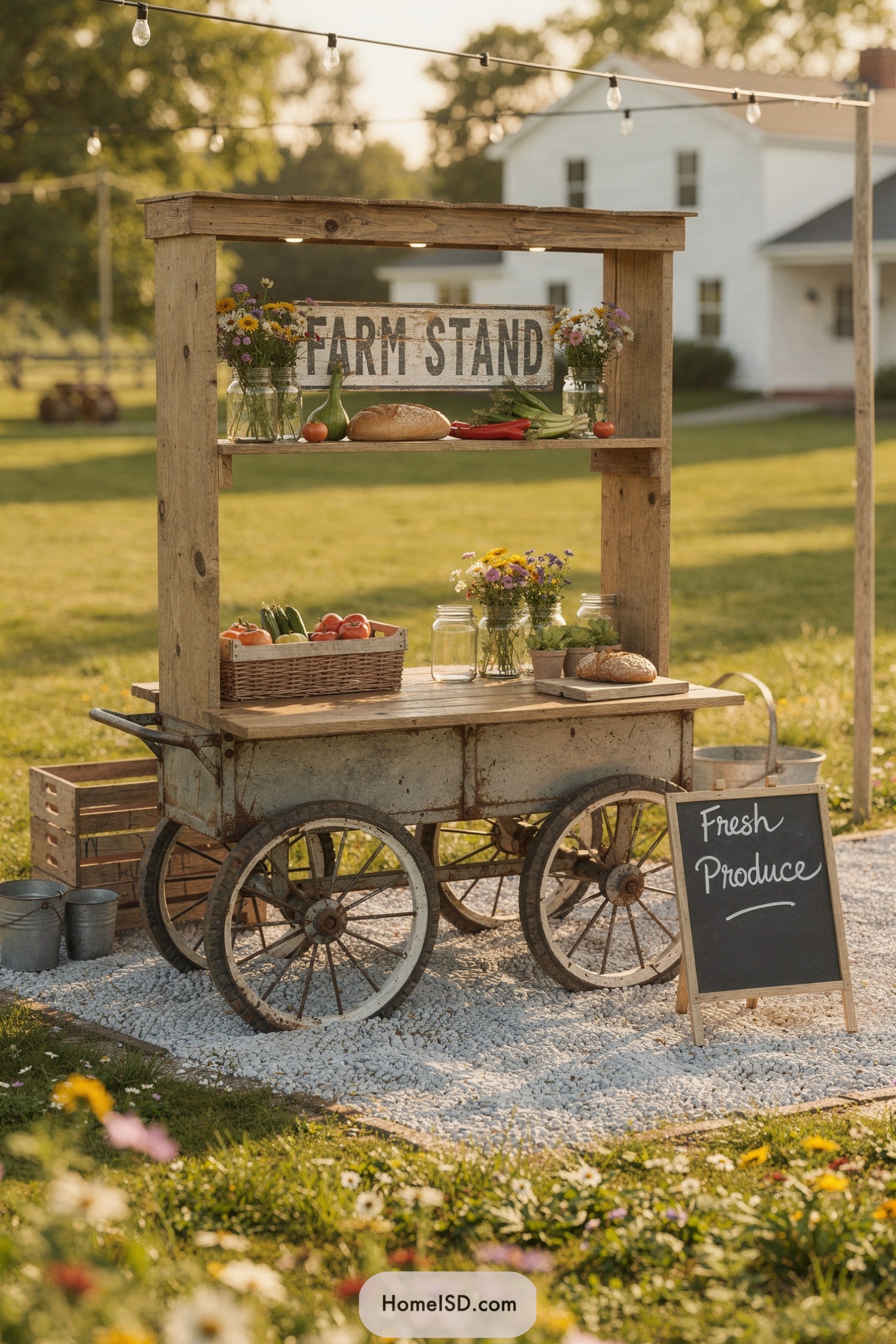 Rustic wooden farm stand cart with flowers and produce