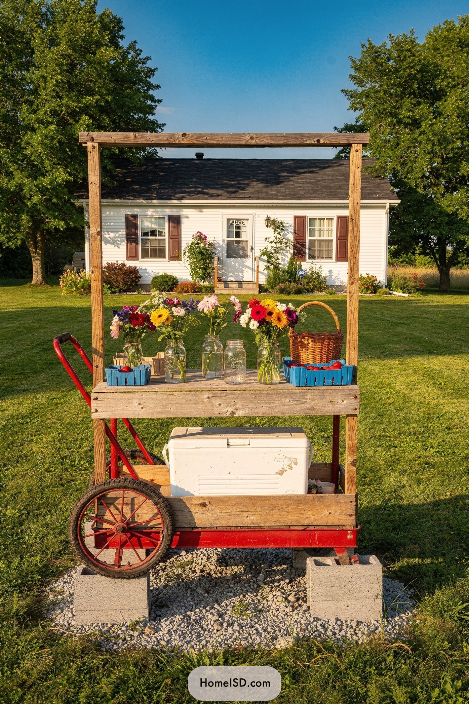 Rustic red wagon farm stand with jars of flowers in a sunny yard
