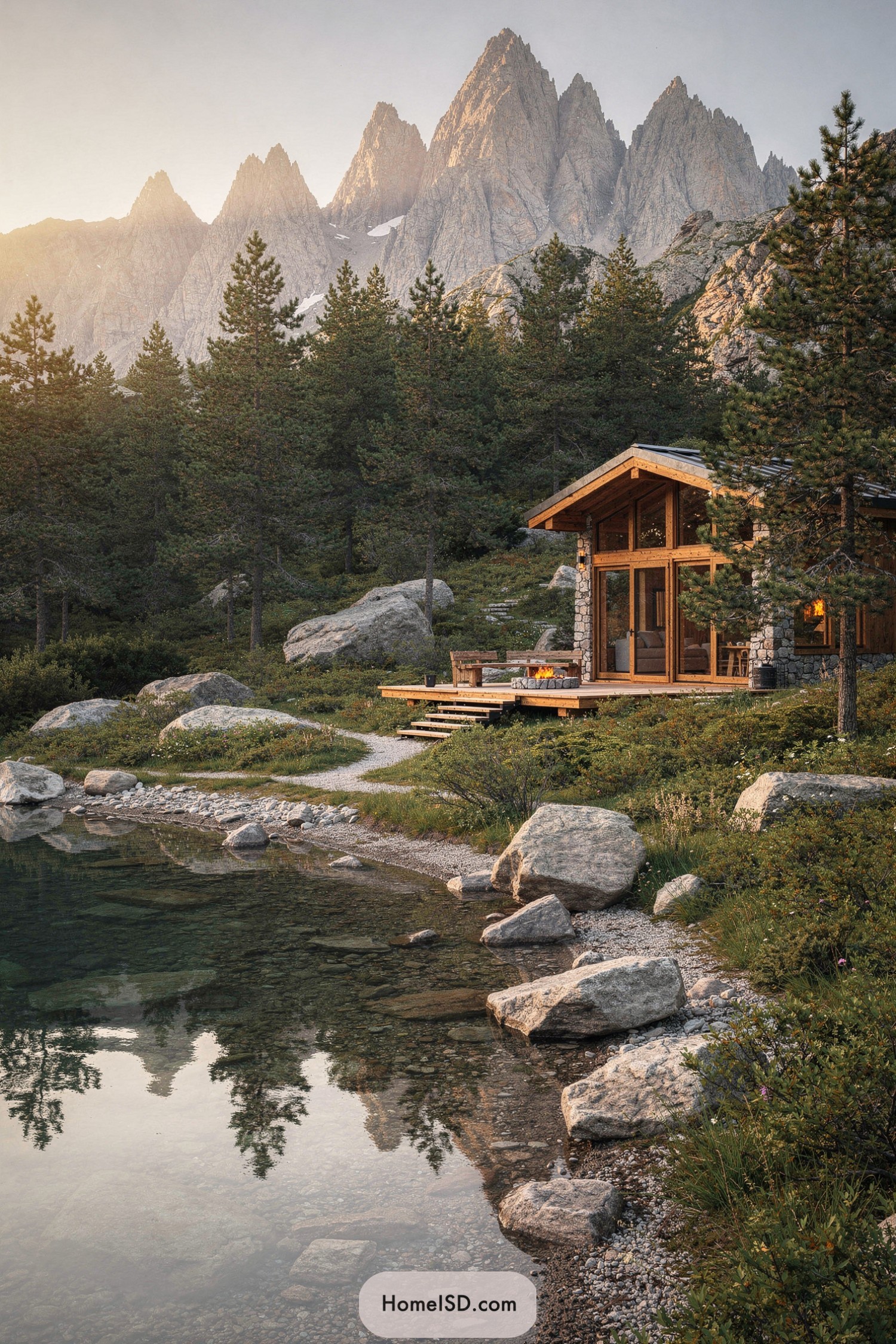 Cozy timber cabin beside a clear mountain lake with rugged peaks in the background