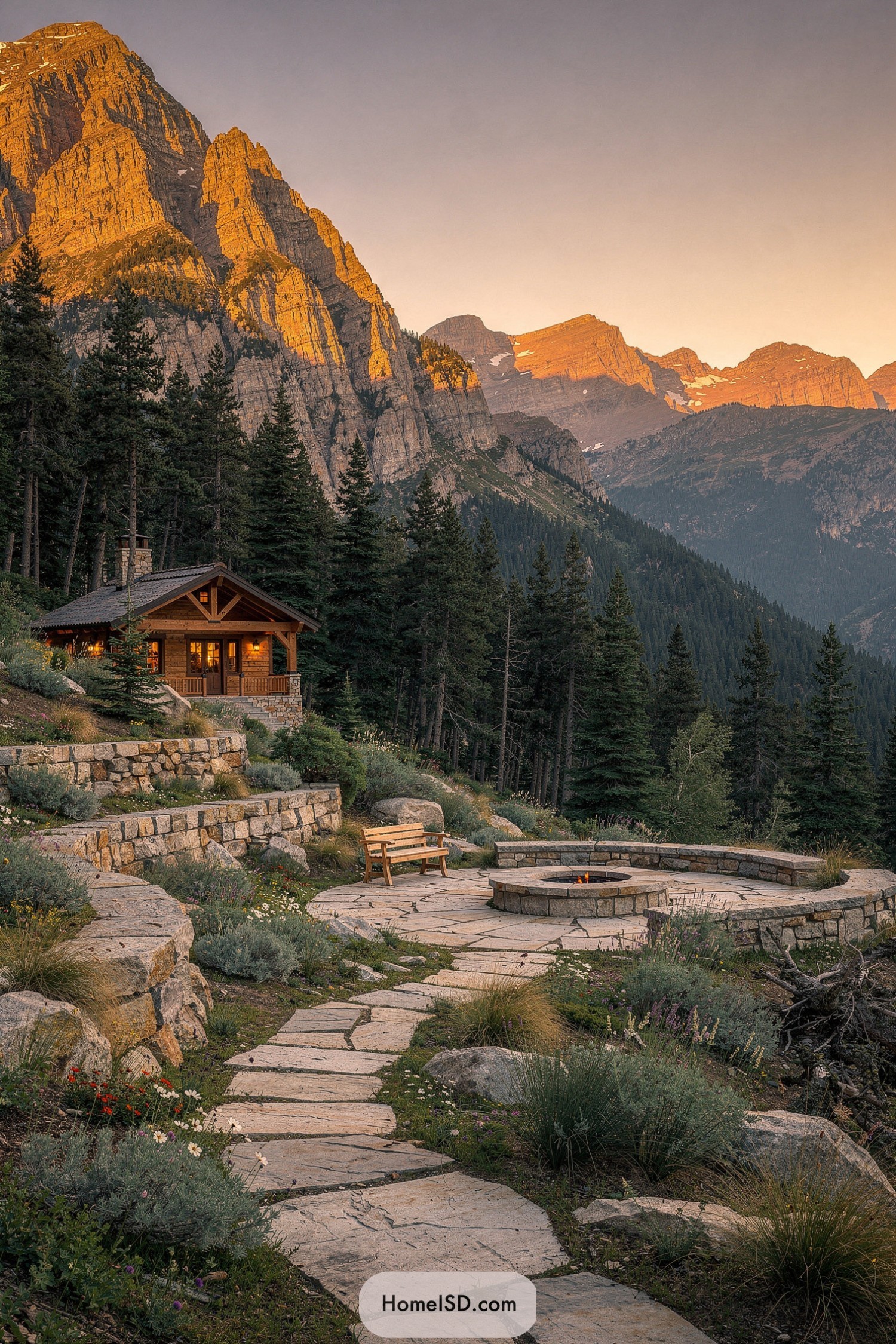 Stone path to circular mountain fire pit and cabin at sunset