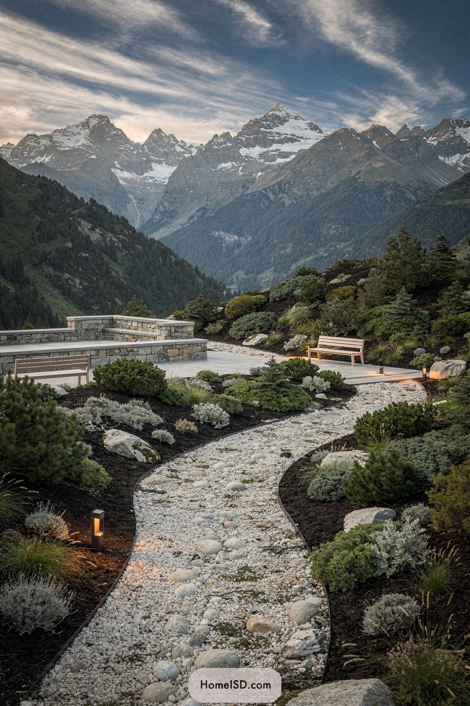 Curved gravel garden path with benches overlooking dramatic snowcapped mountains