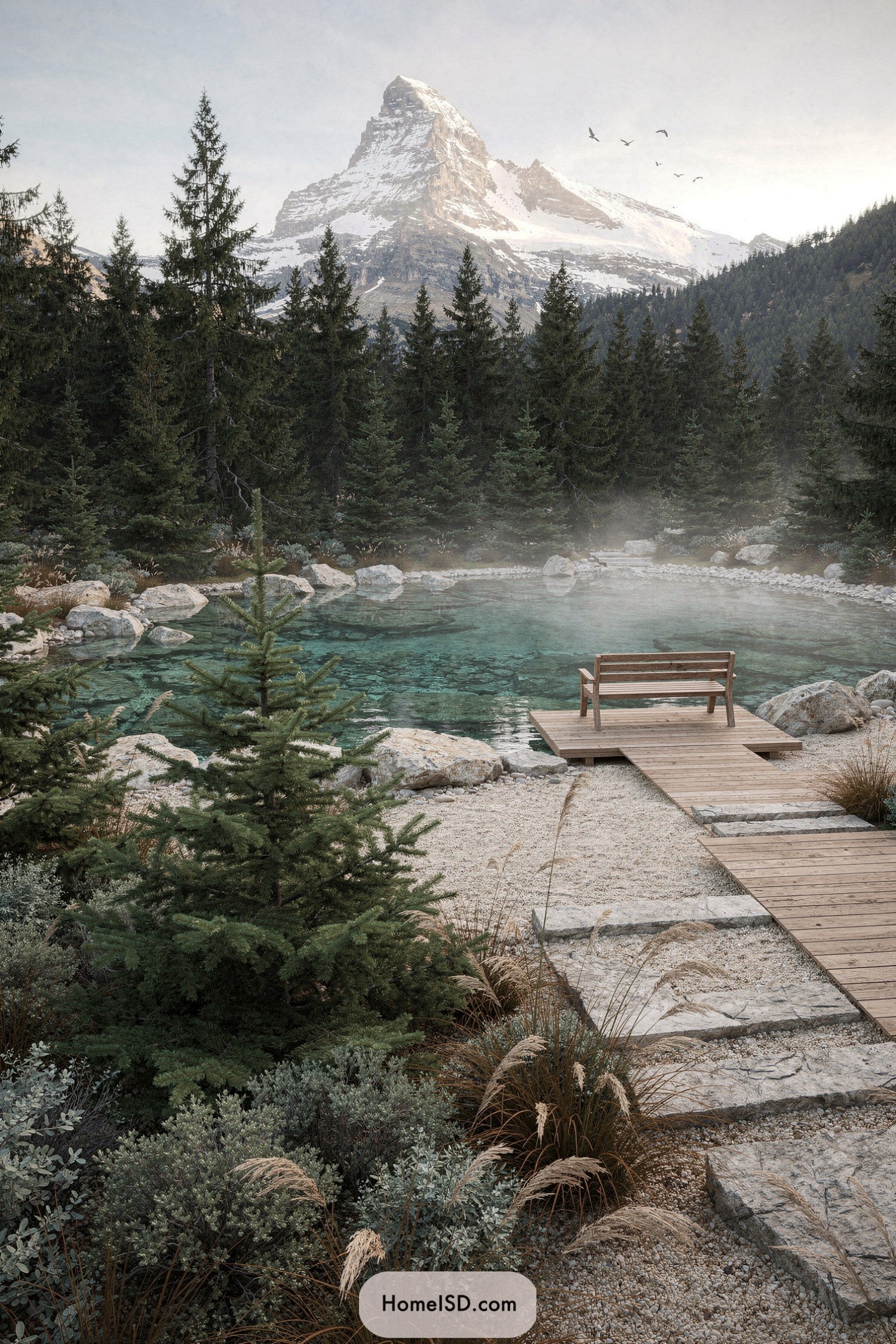 Wooden bench on a small deck overlooking a clear turquoise pond in a pine-filled mountain landscape