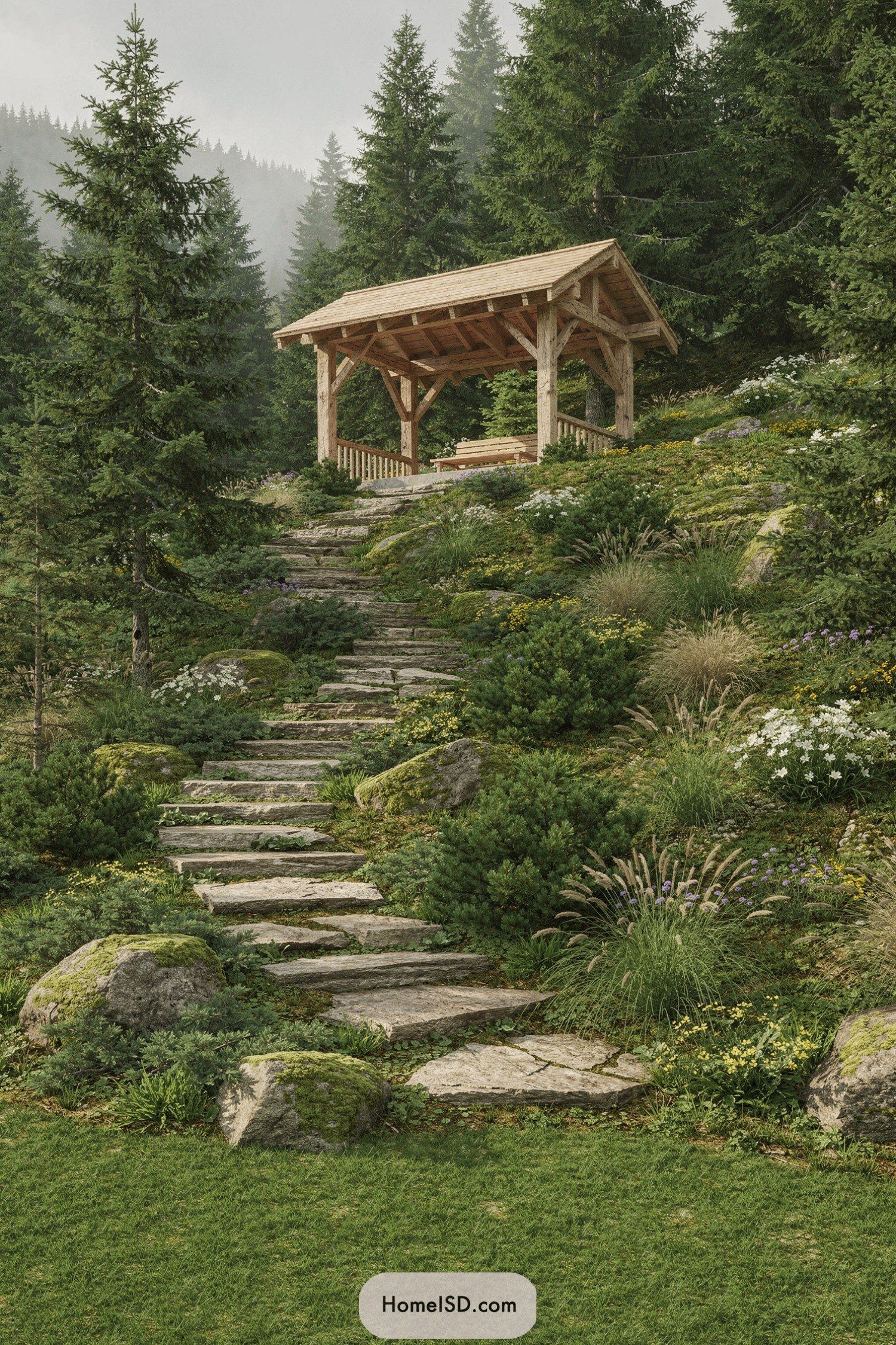 Stone steps leading to a rustic wooden pavilion nestled in a lush, conifer-lined hillside garden
