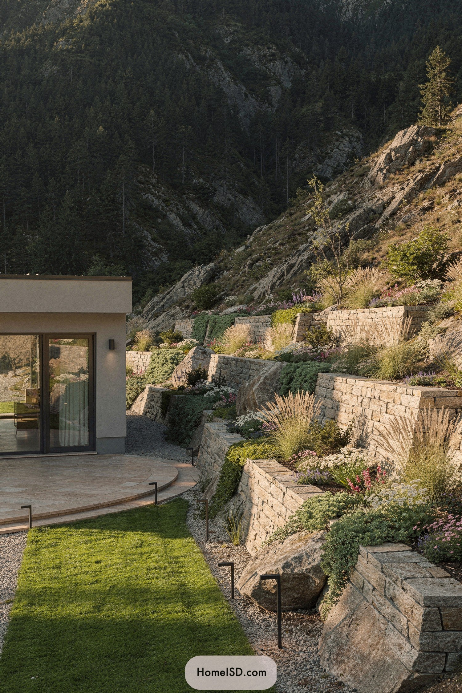 Tiered stone terraces with ornamental grasses and flowers on a steep mountain slope beside a modern home