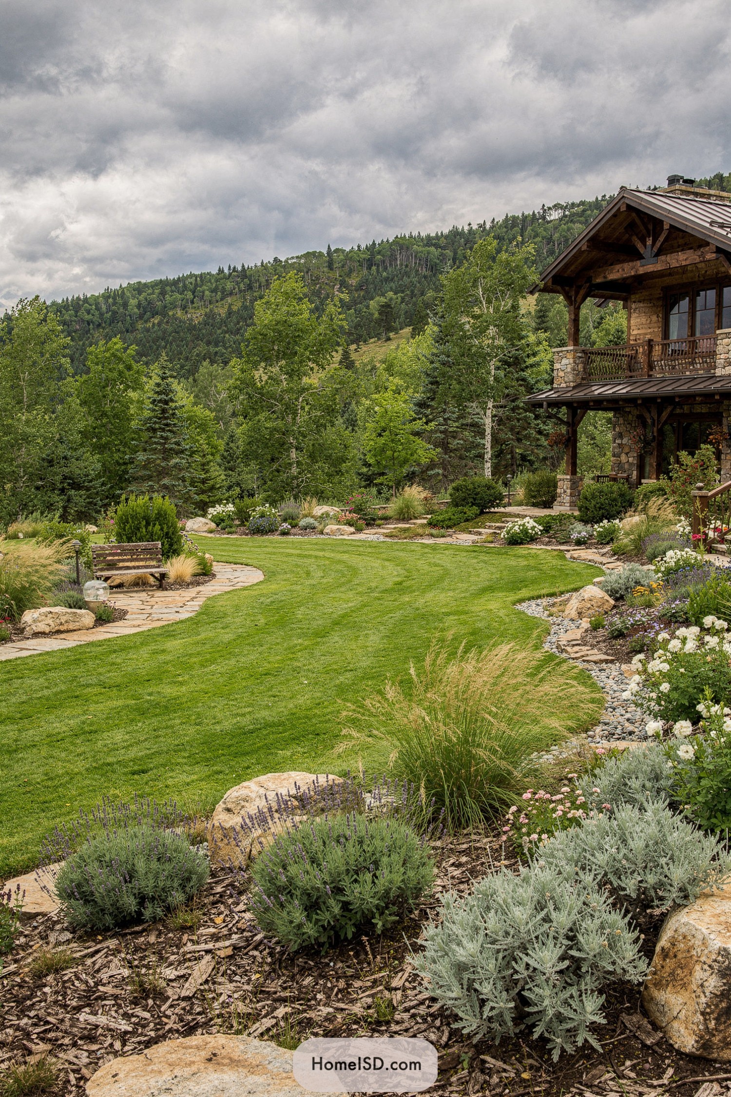 Mountain cabin with curved lawn and stone path