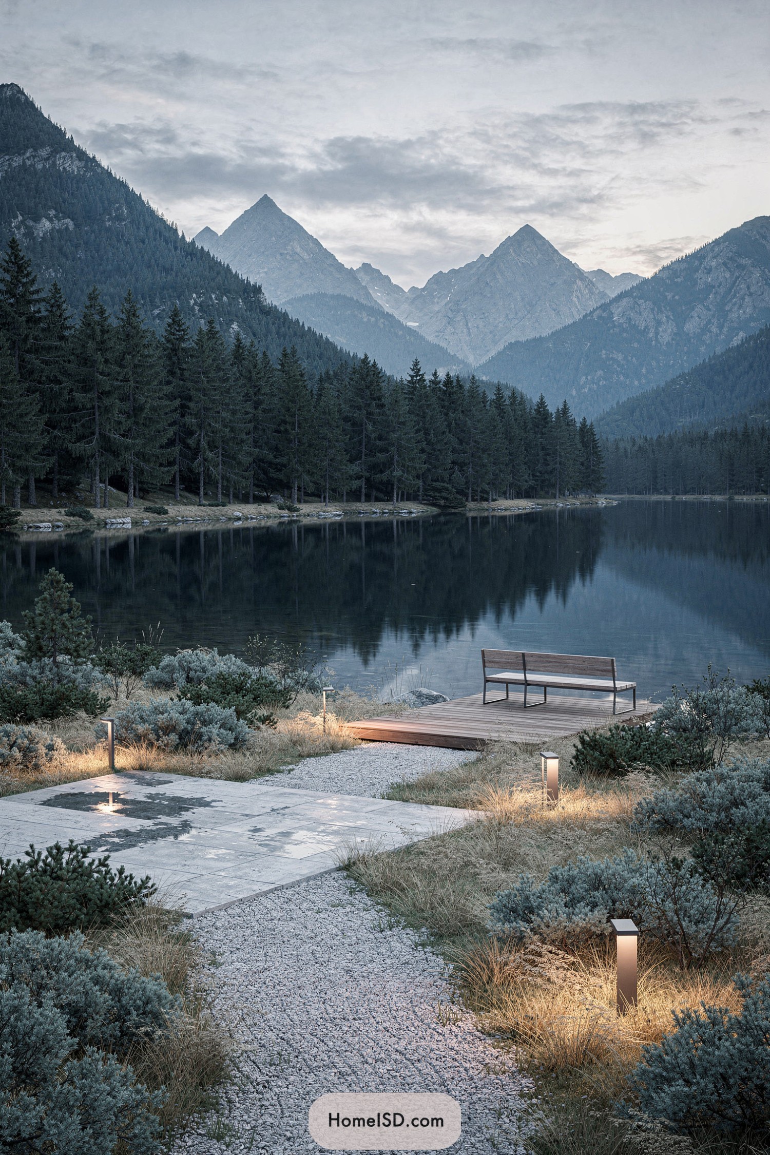 Modern lit lakeside deck with mountains and forest reflected in calm water