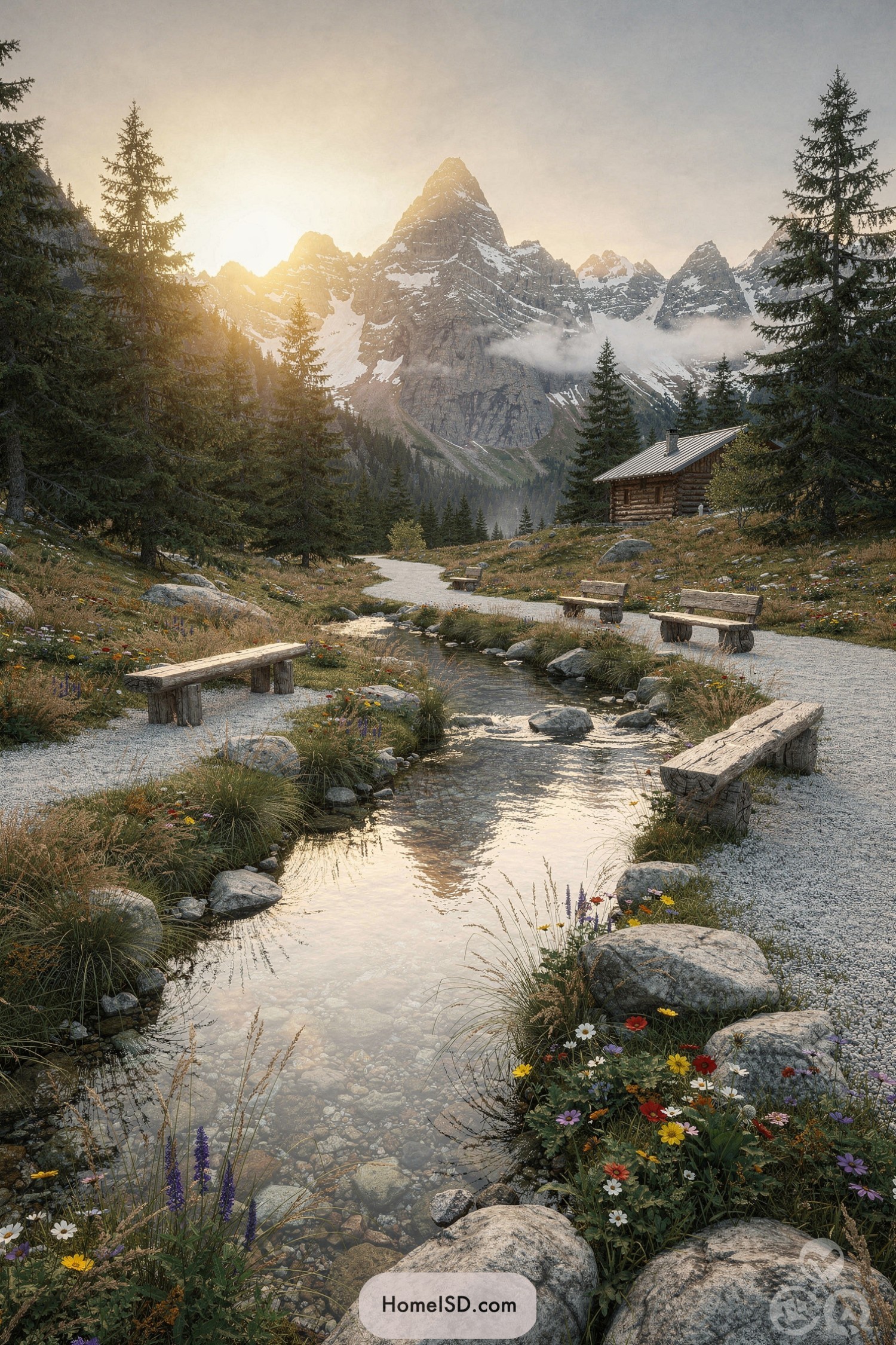 Mountain stream with rustic benches, wildflowers, and distant snowy peaks at sunrise