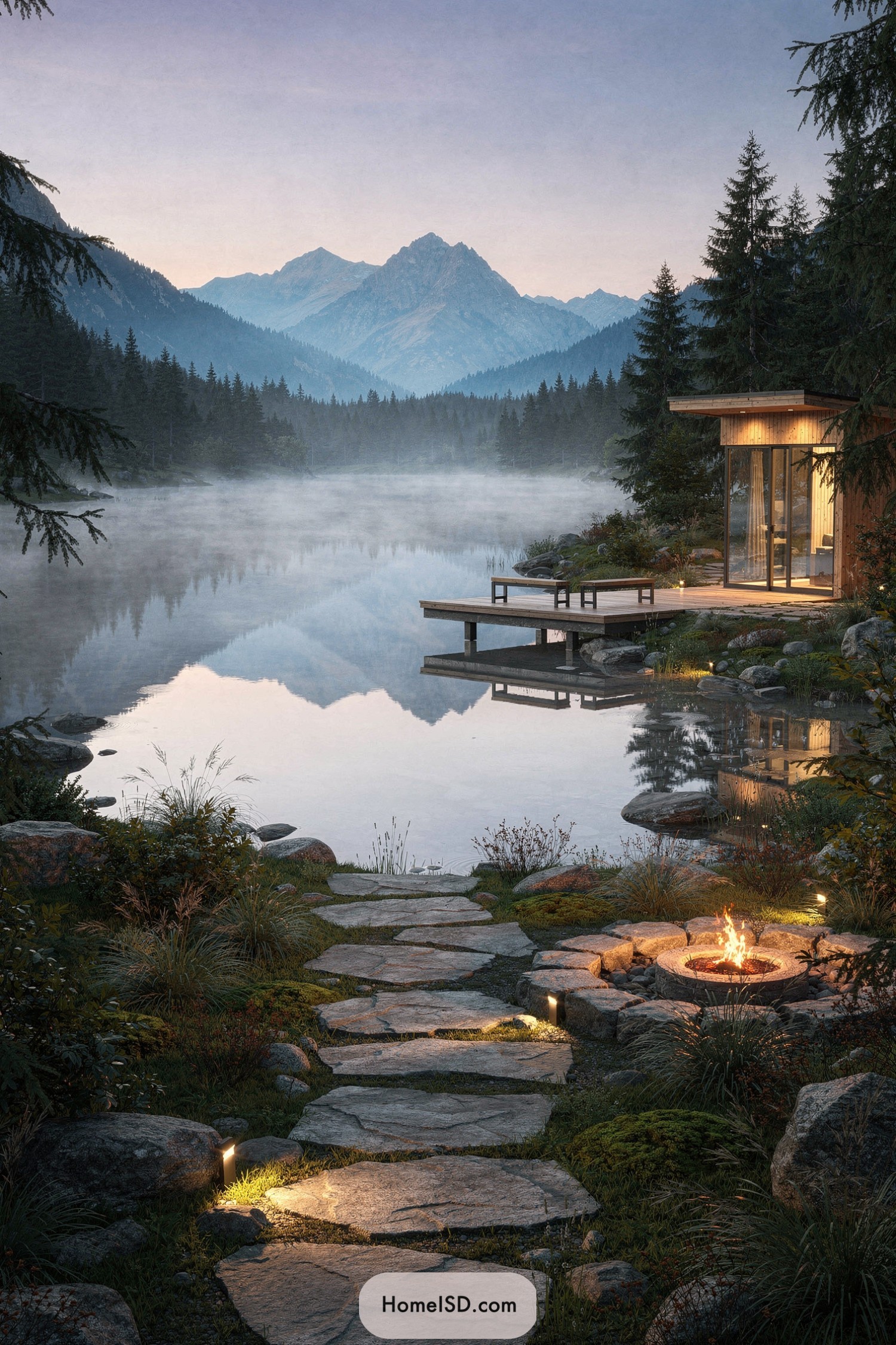 Lakeside cabin with stone path firepit and mountain view at dawn
