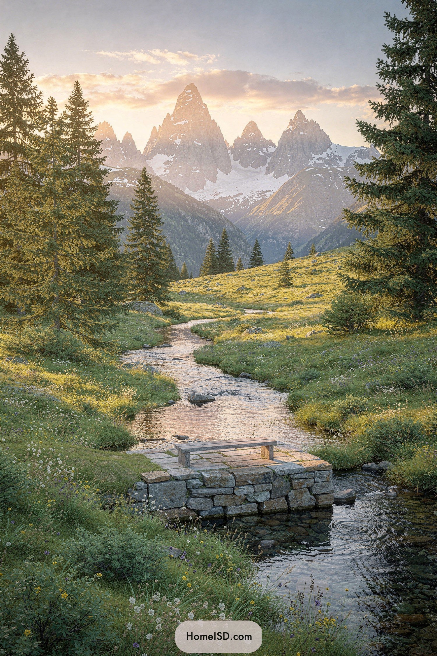 Stone bench beside winding alpine stream