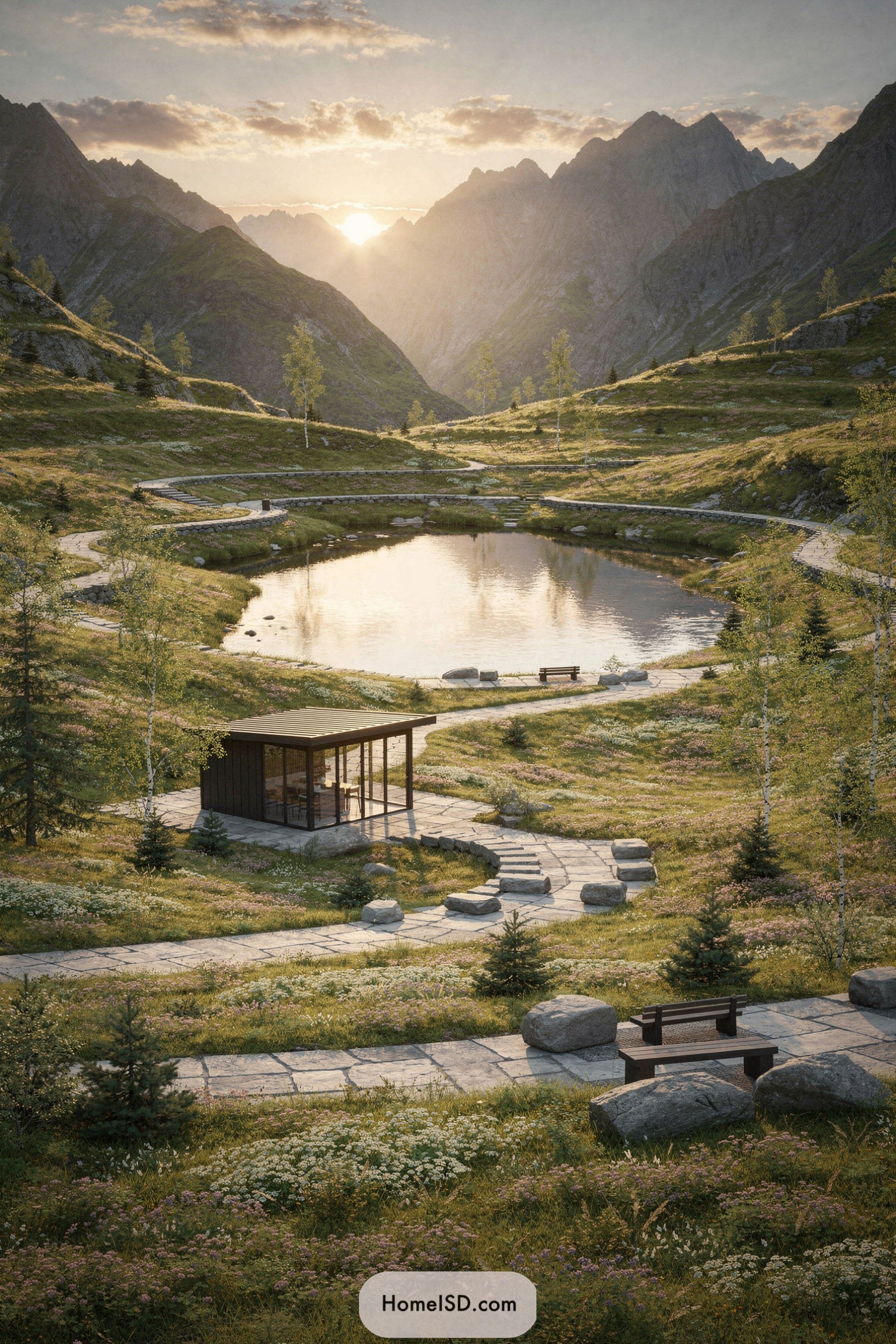 Modern glass pavilion beside a mountain pond at sunset