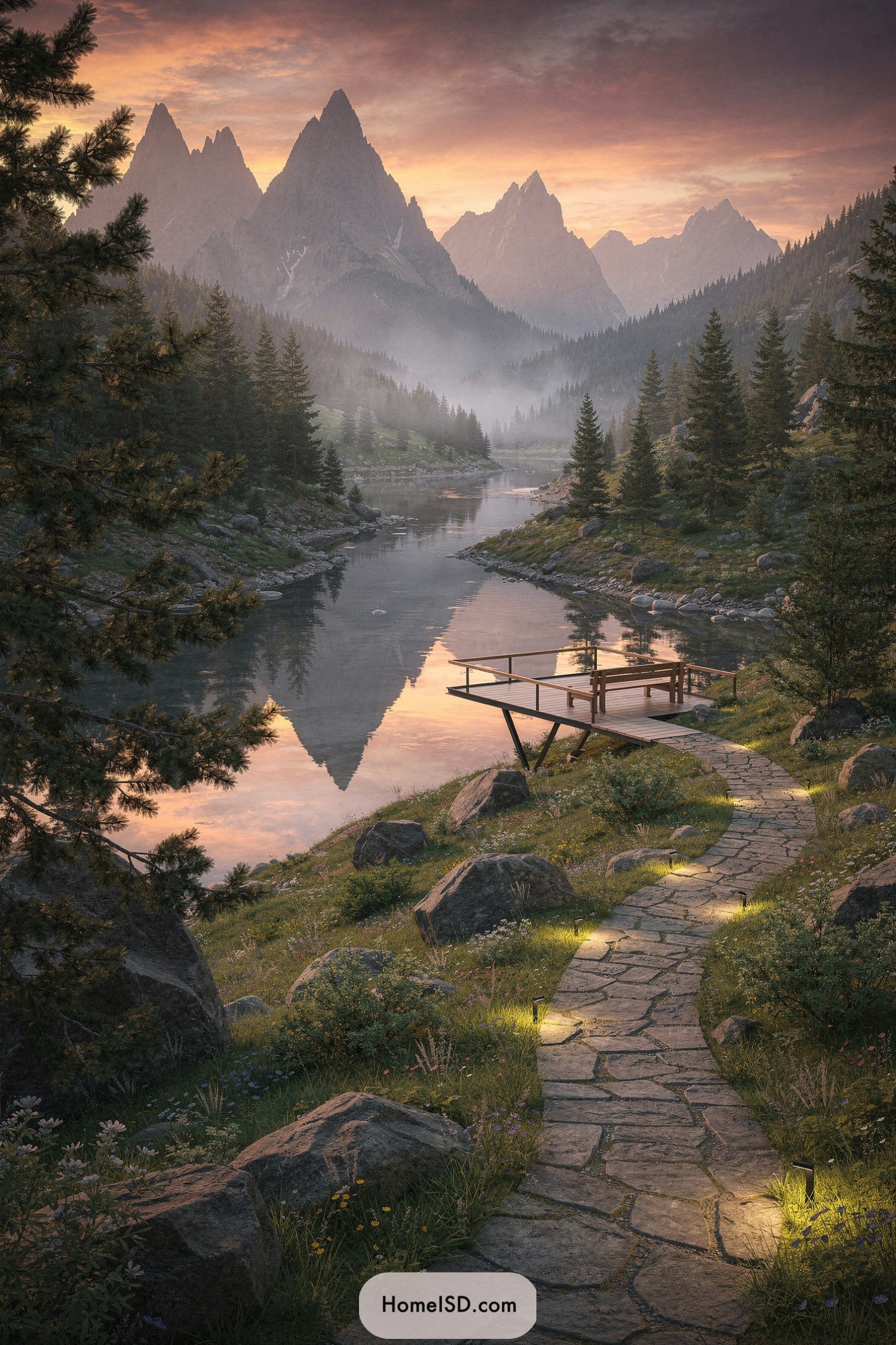 Stone path with warm lights leading to a wooden deck over a calm mountain lake at sunset
