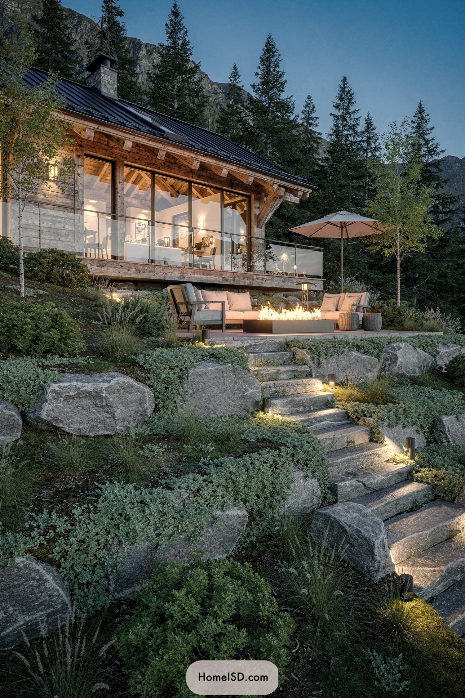 Modern mountain cabin with terraced stone steps, fire pit lounge, and surrounding evergreens at dusk