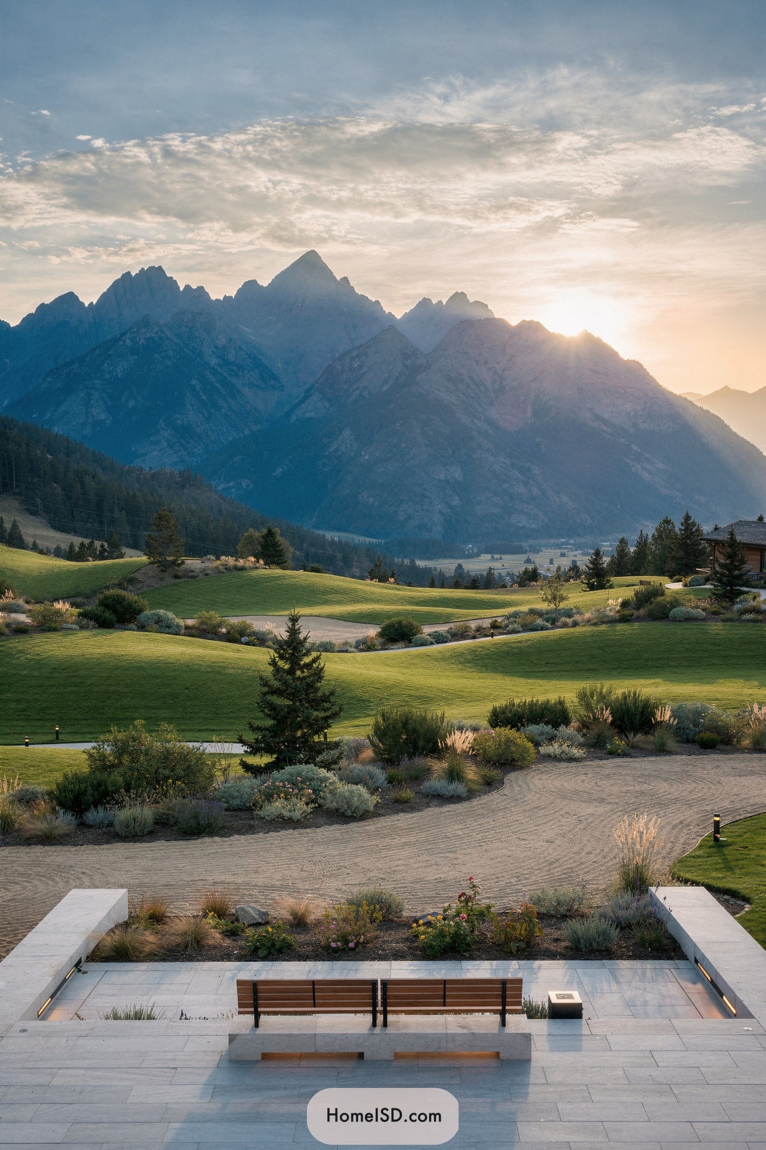 Modern stone terrace with wooden bench overlooking sculpted lawns, native plant beds, and distant mountains at sunrise