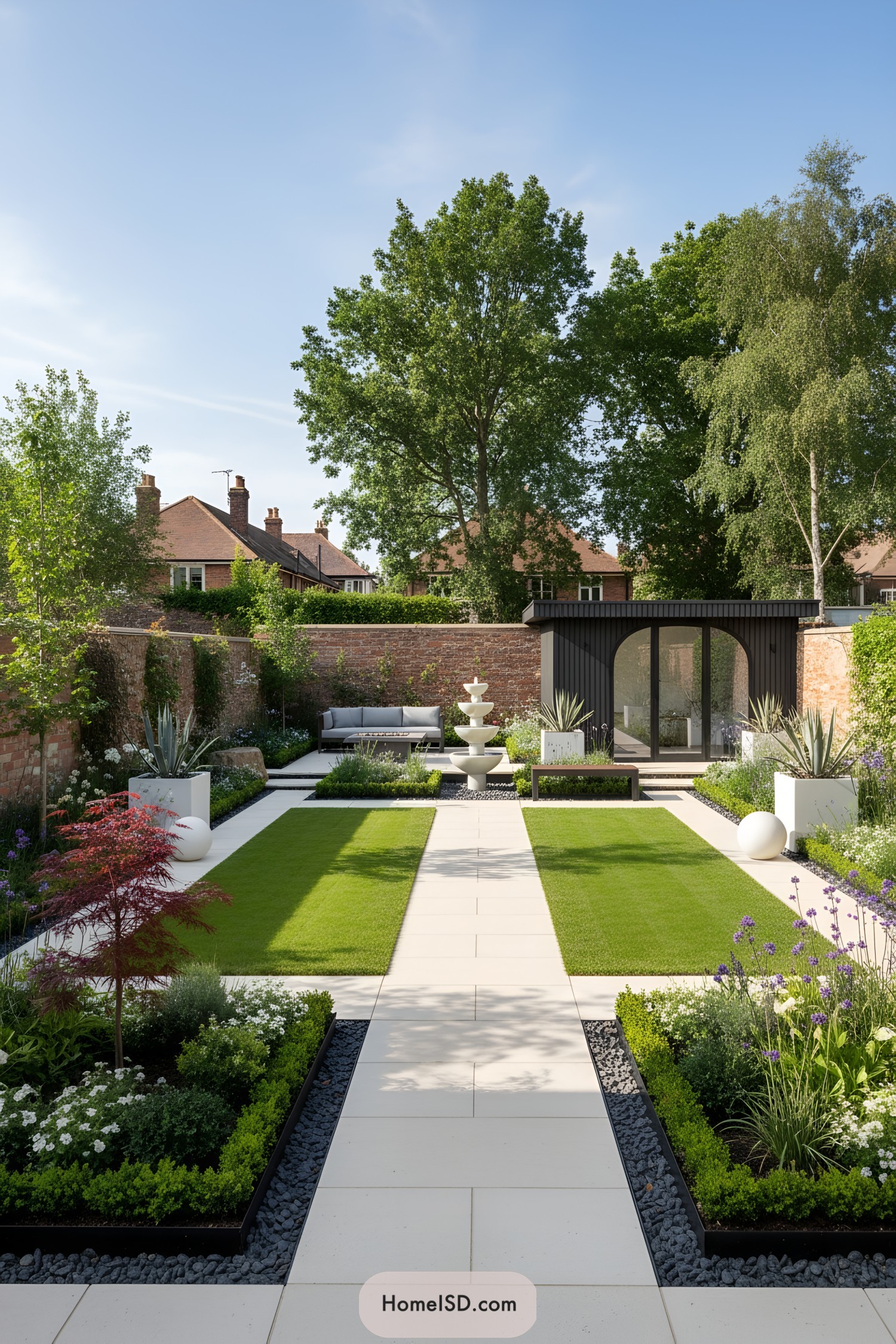 Contemporary walled garden with fountain lawn and studio