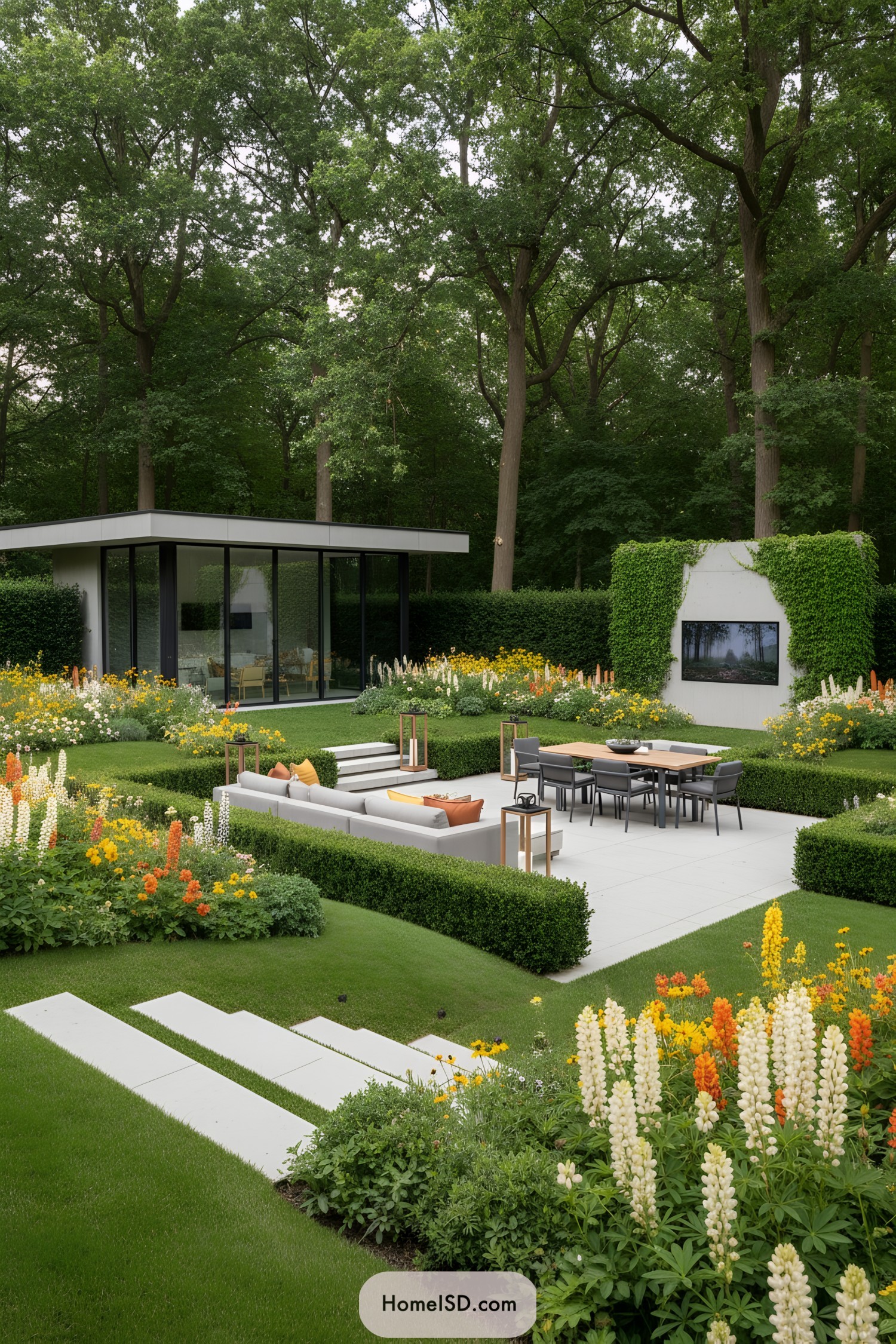 Modern garden terrace with sunken seating, dining area, and flower borders framed by tall woodland trees