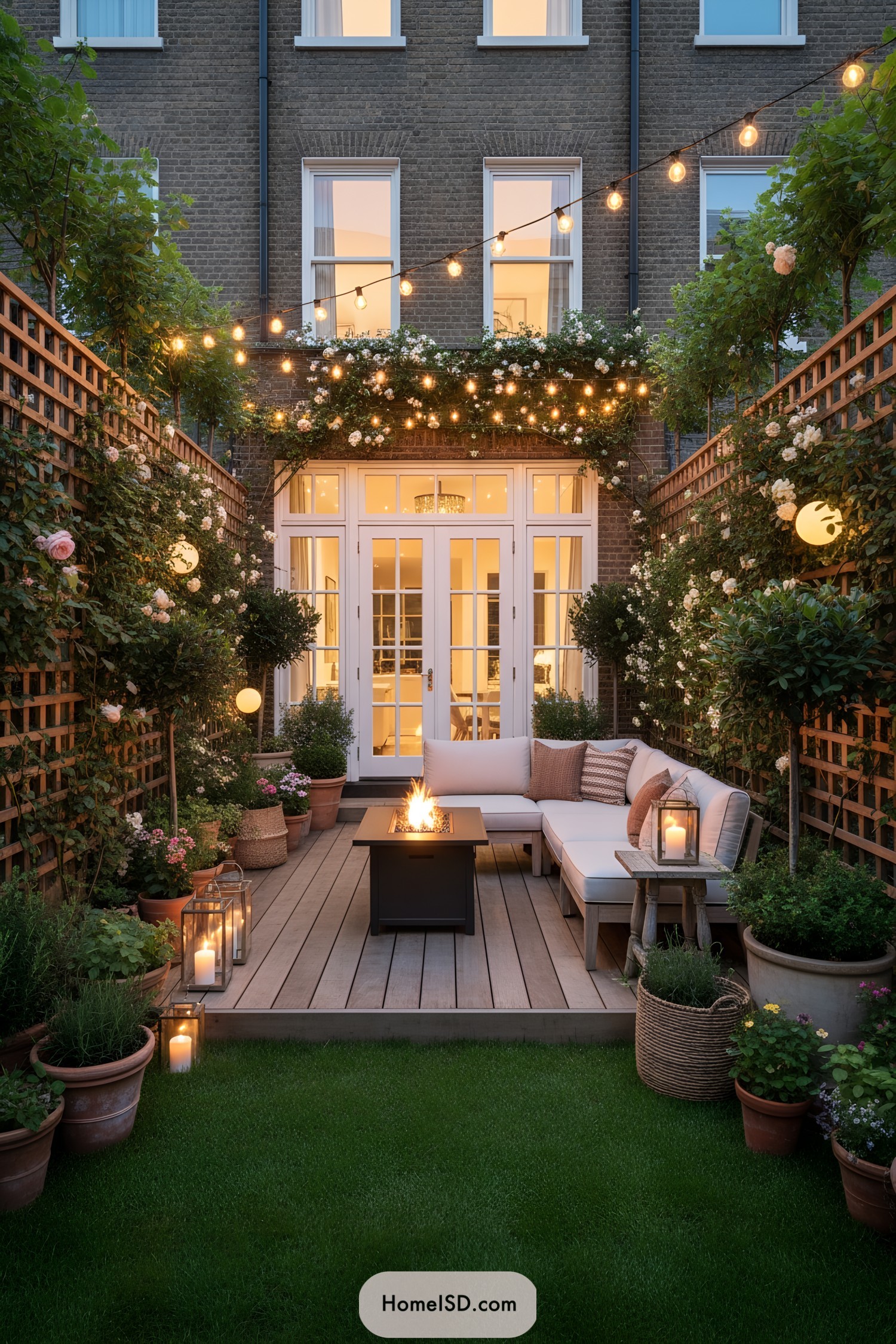 Narrow patio garden with string lights, climbing roses, and a corner sofa around a fire table