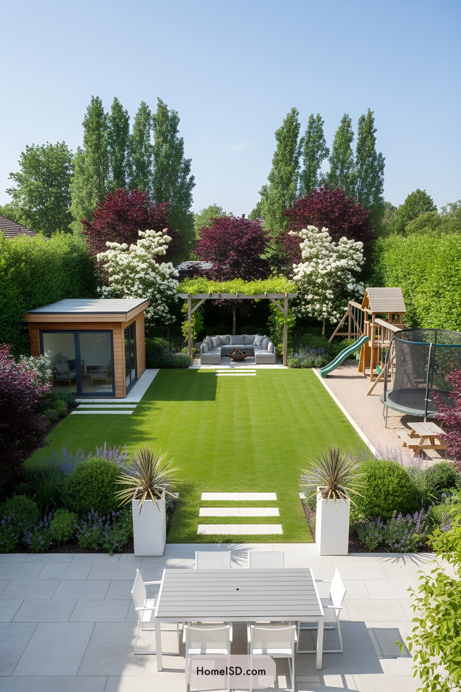 Contemporary family backyard with broad lawn, pergola lounge, play set, trampoline, and modern garden studio