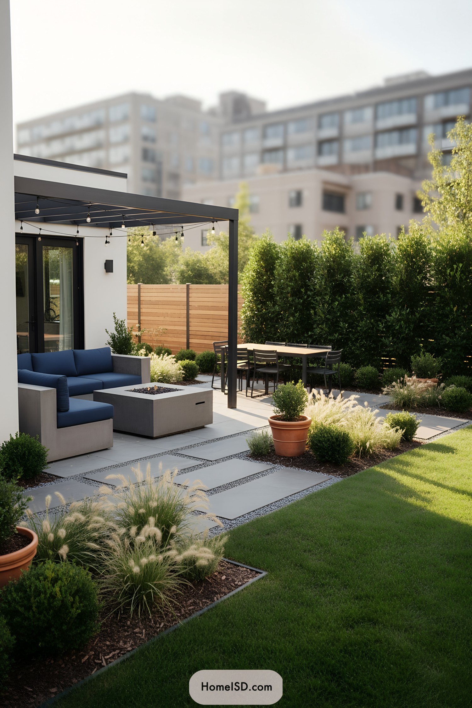 Modern patio lounge with pergola seating and manicured greenery in an urban backyard