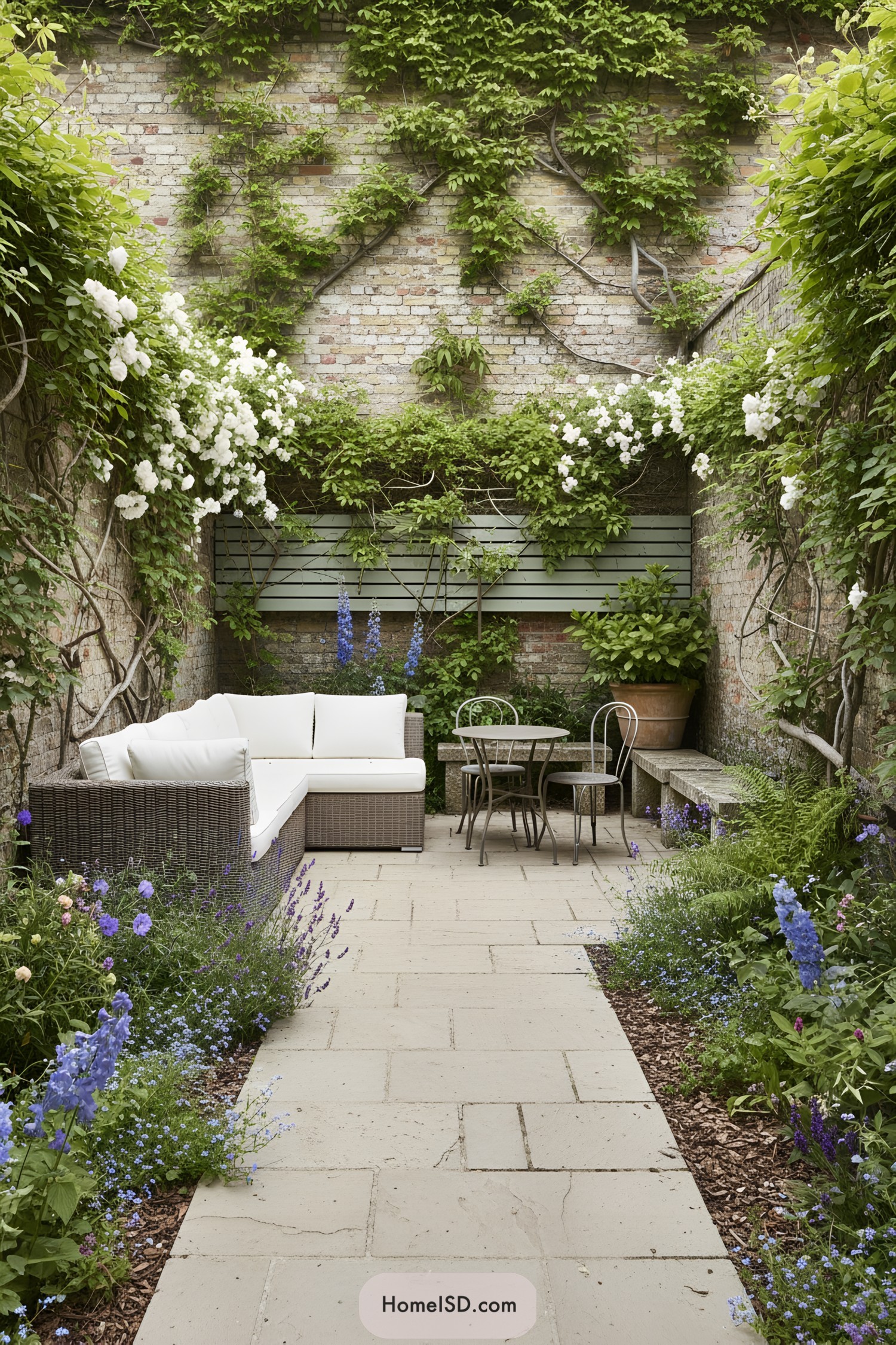 Narrow brick courtyard garden with climbing vines framing a sectional sofa and bistro table