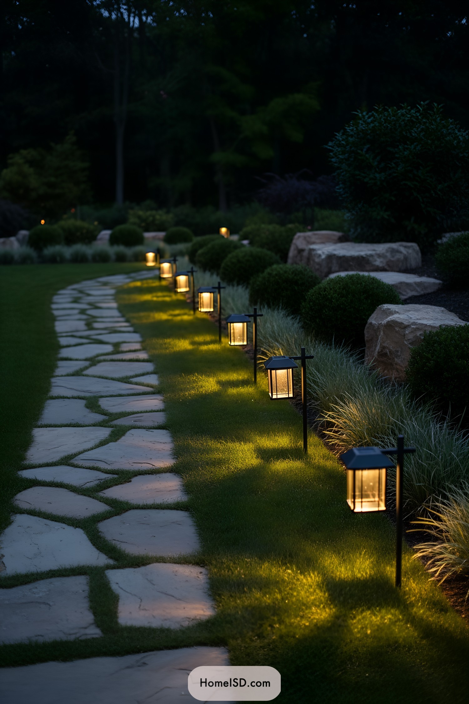 Curved stone garden path lined with glowing lanterns at dusk
