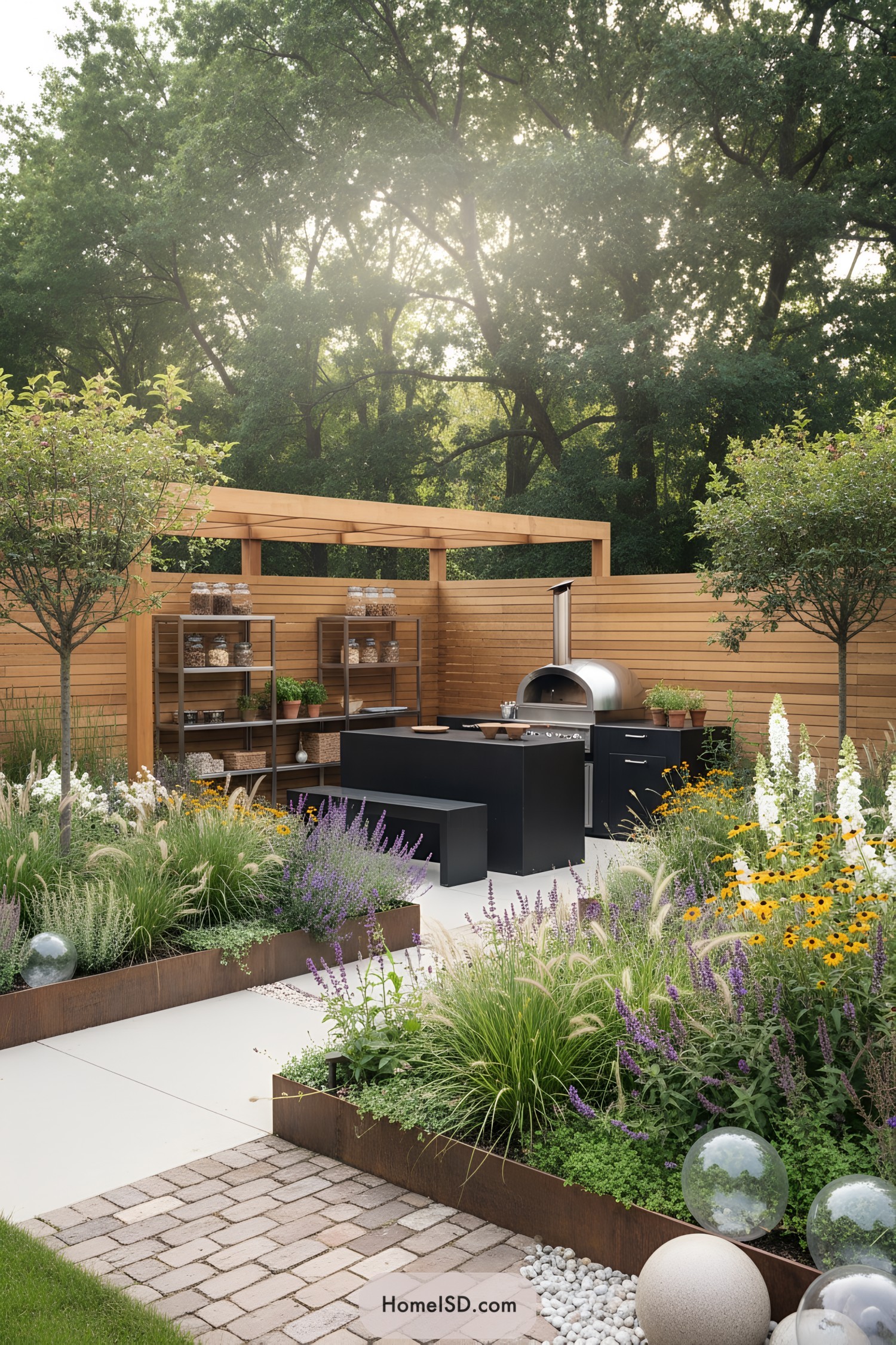 Modern garden with outdoor kitchen framed by lush flower beds and wooden privacy walls