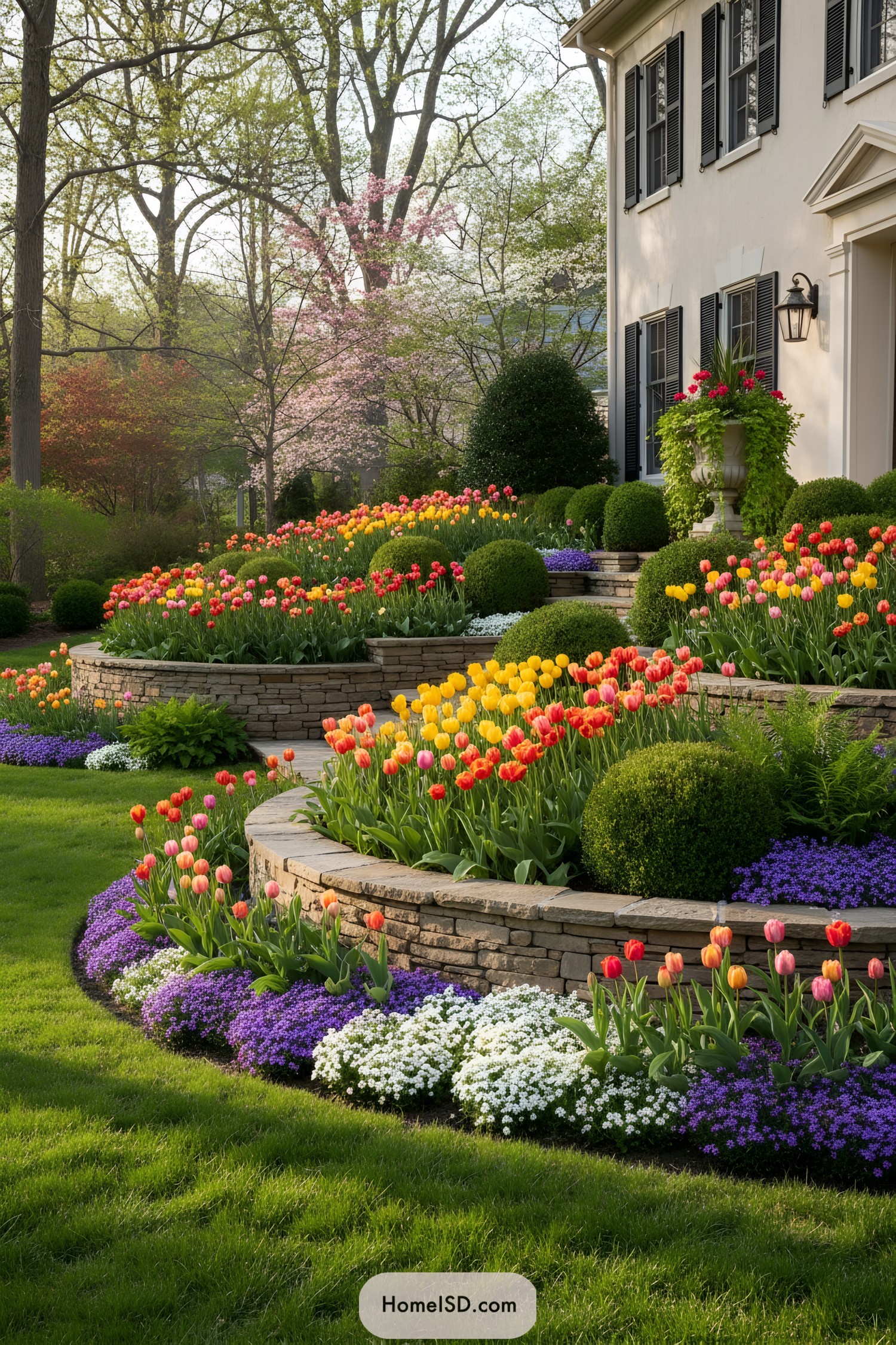 Terraced tulip beds curve along stacked stone walls beside a classic cream house. Layers of colorful blooms, boxwood mounds, and groundcover form a structured yet lush front garden