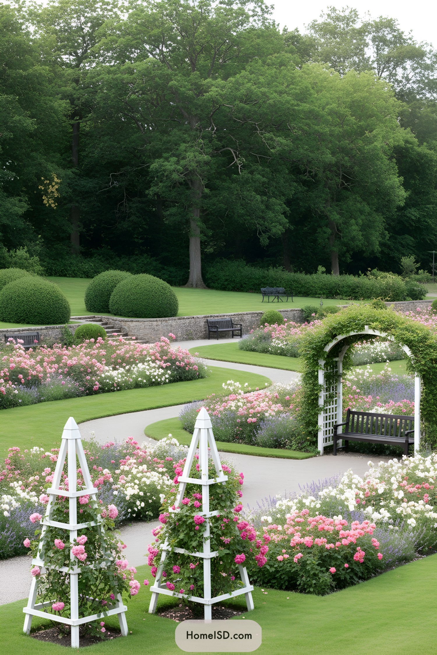 Formal garden with curving paths and rose beds