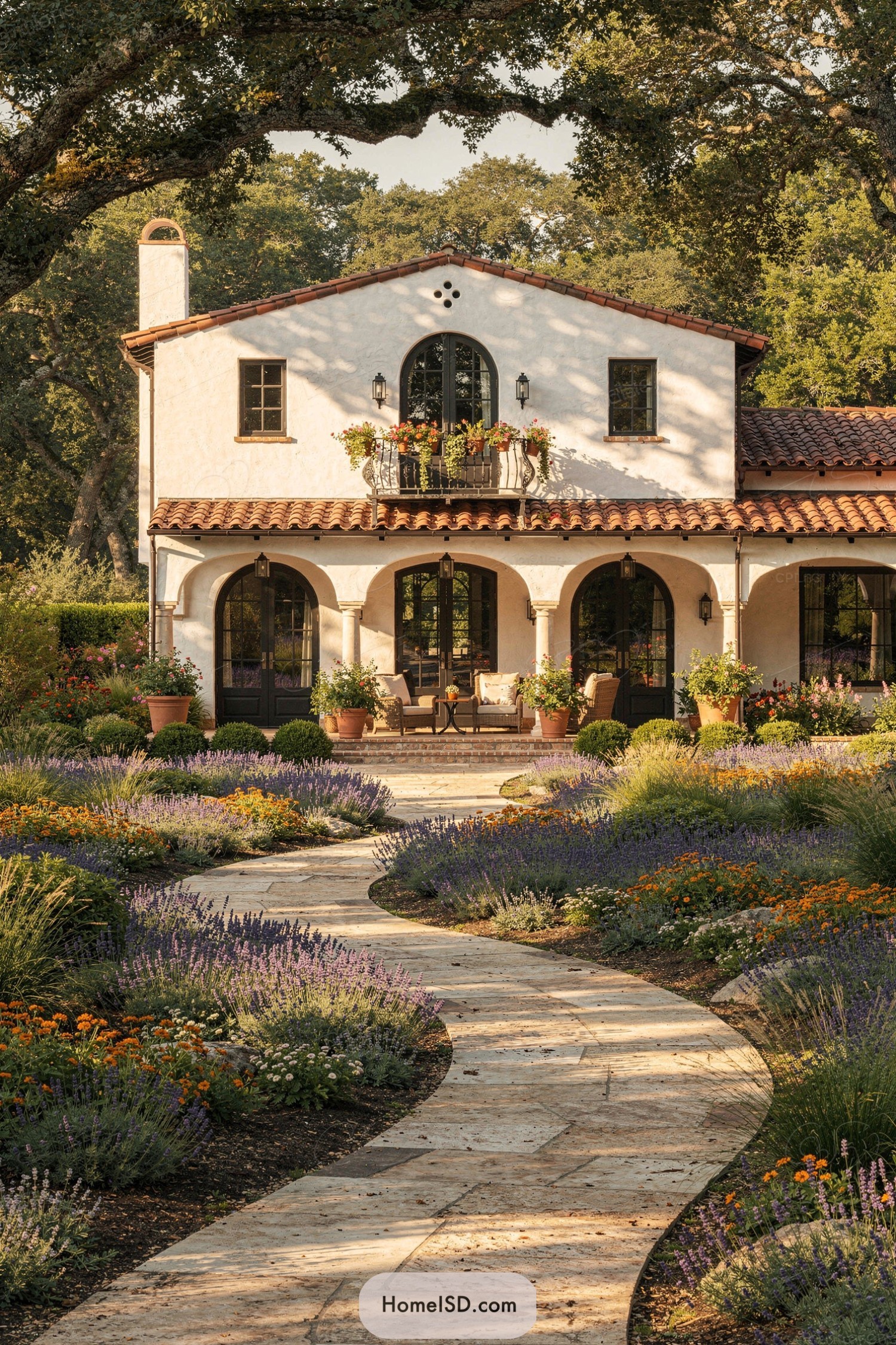 Spanish-style stucco house with arched porch and a winding stone path through lush flowering Mediterranean plantings