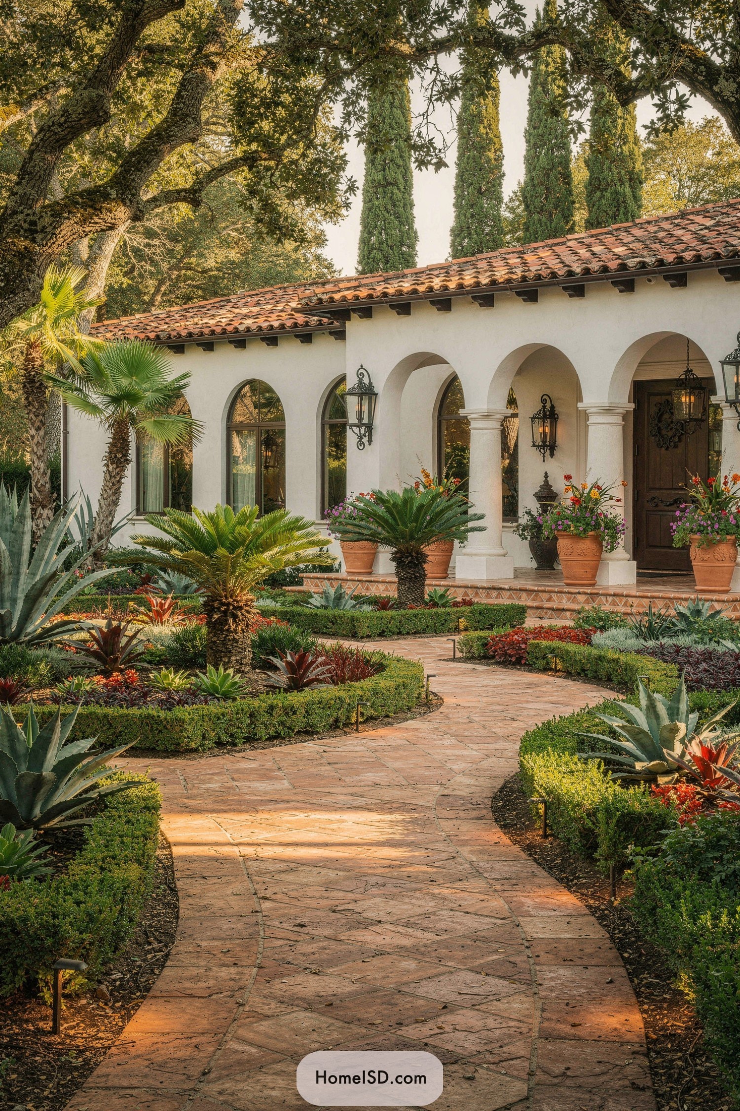 Curved terracotta path through lush Spanish garden