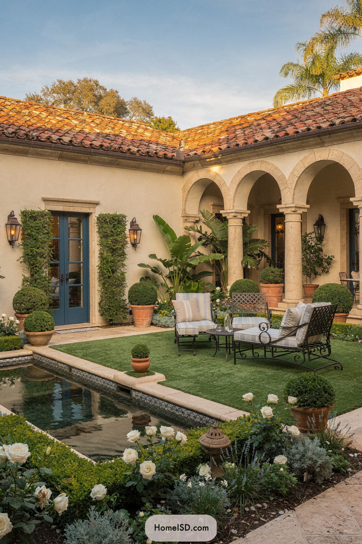 Spanish courtyard with arches lawn and pool