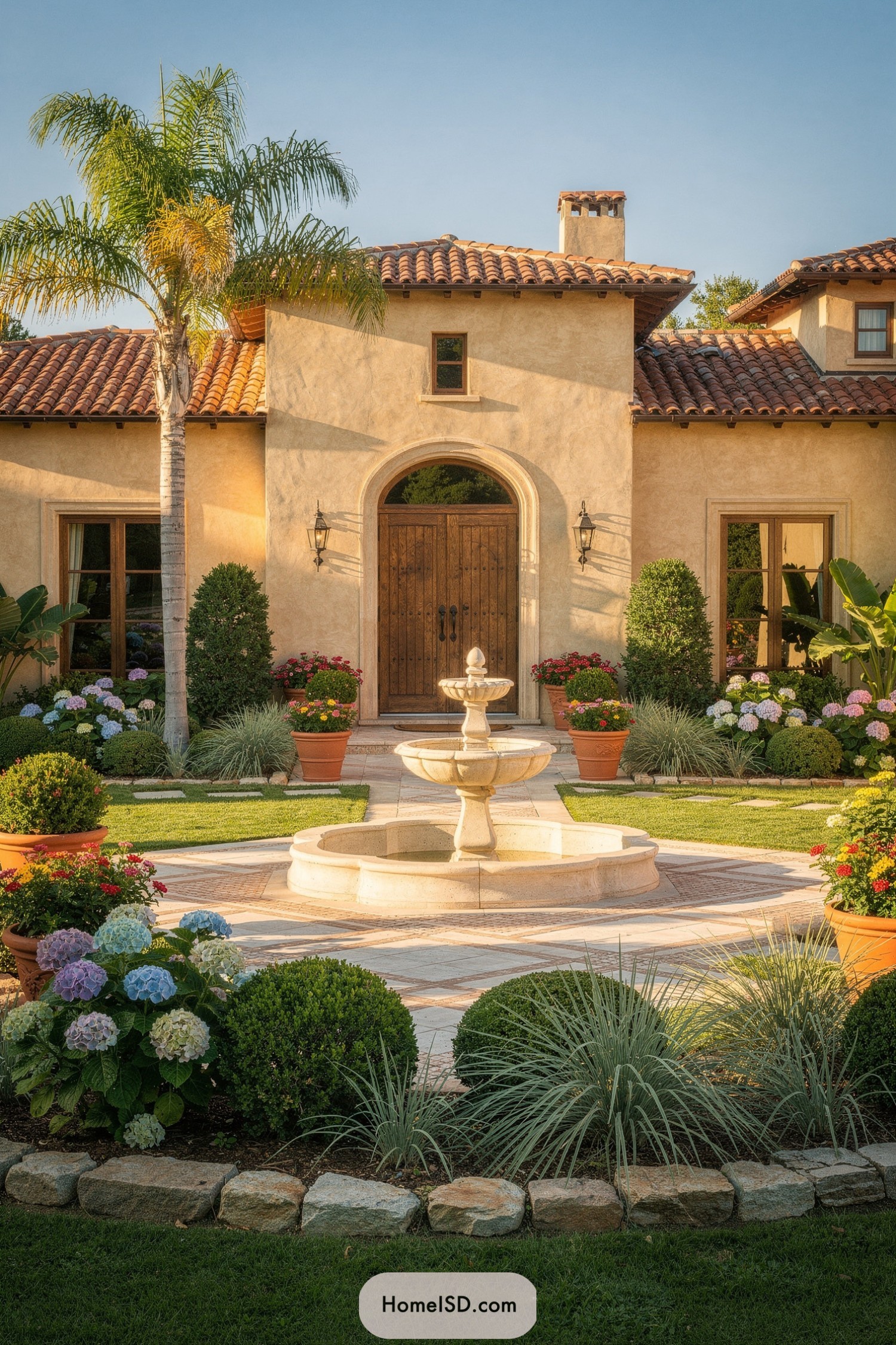 Spanish-style front yard with central stone fountain