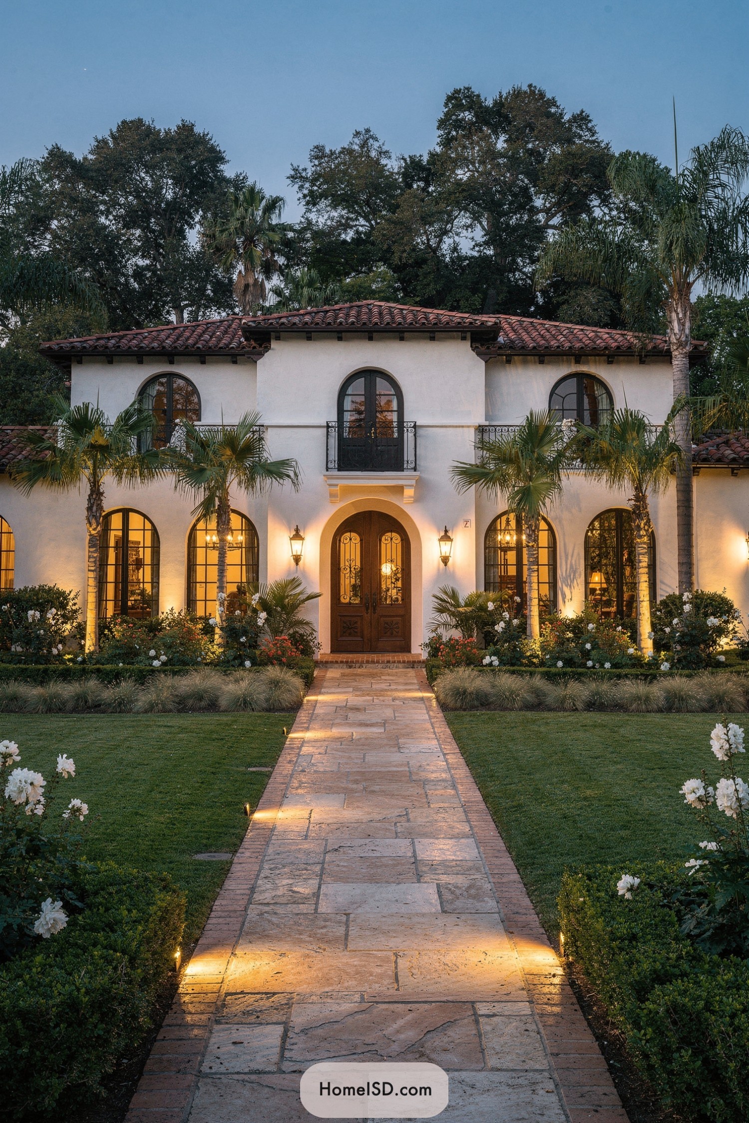 Evening view of a Spanish-style home with a lit stone walkway, palm trees, and lush front garden