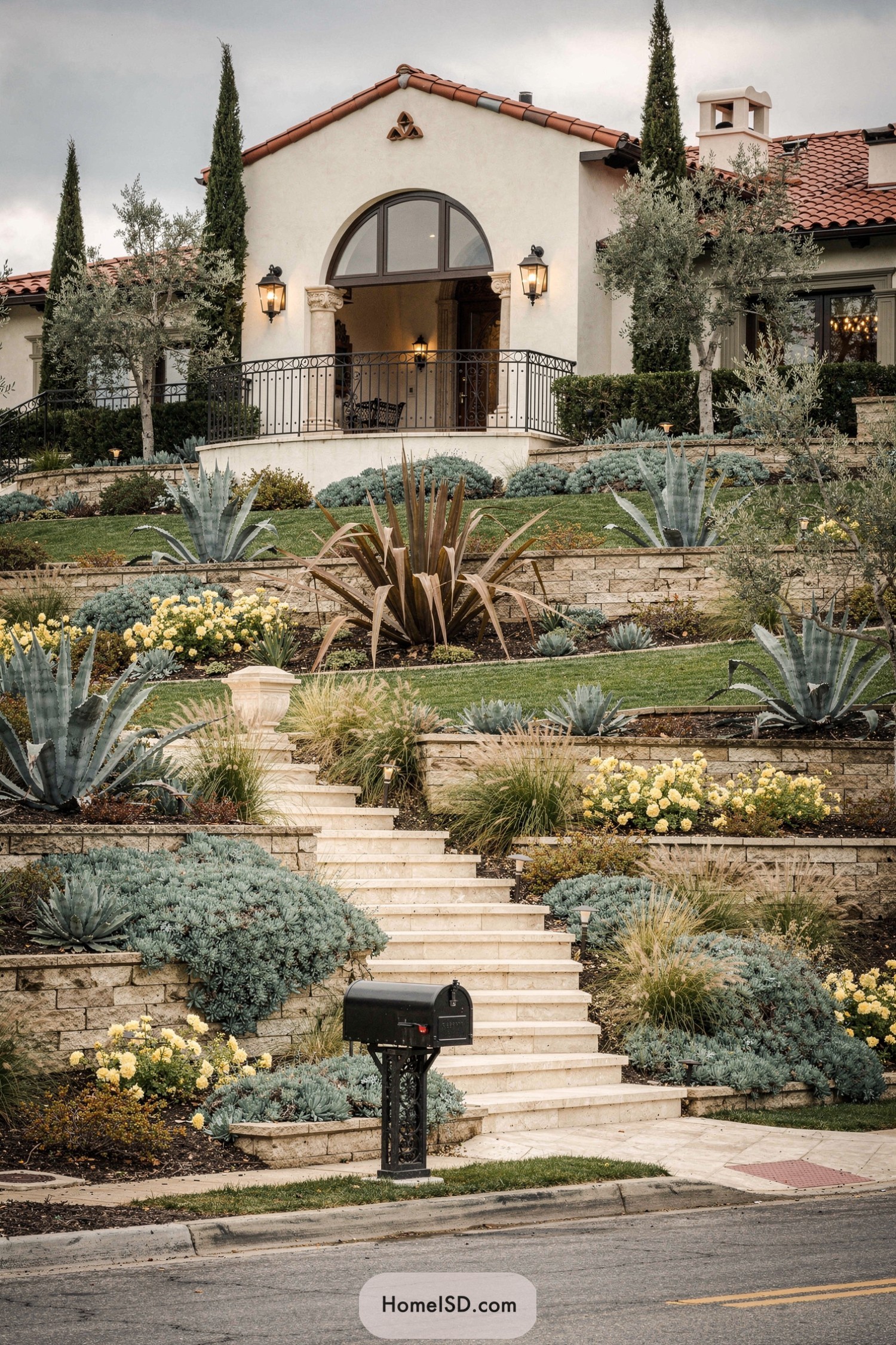 Terraced Spanish hillside garden with stone steps