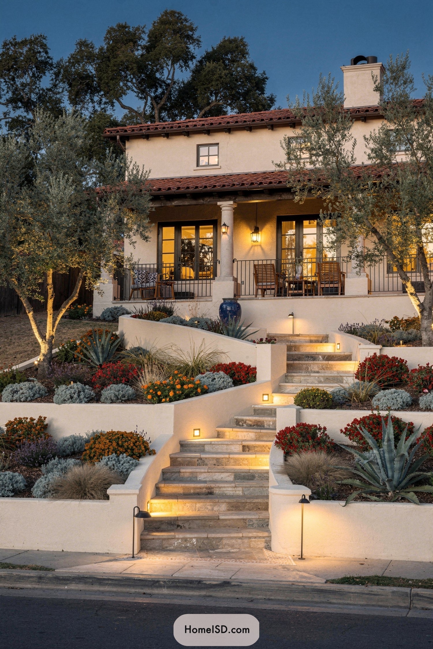 Terraced front steps with warm lit Spanish landscaping